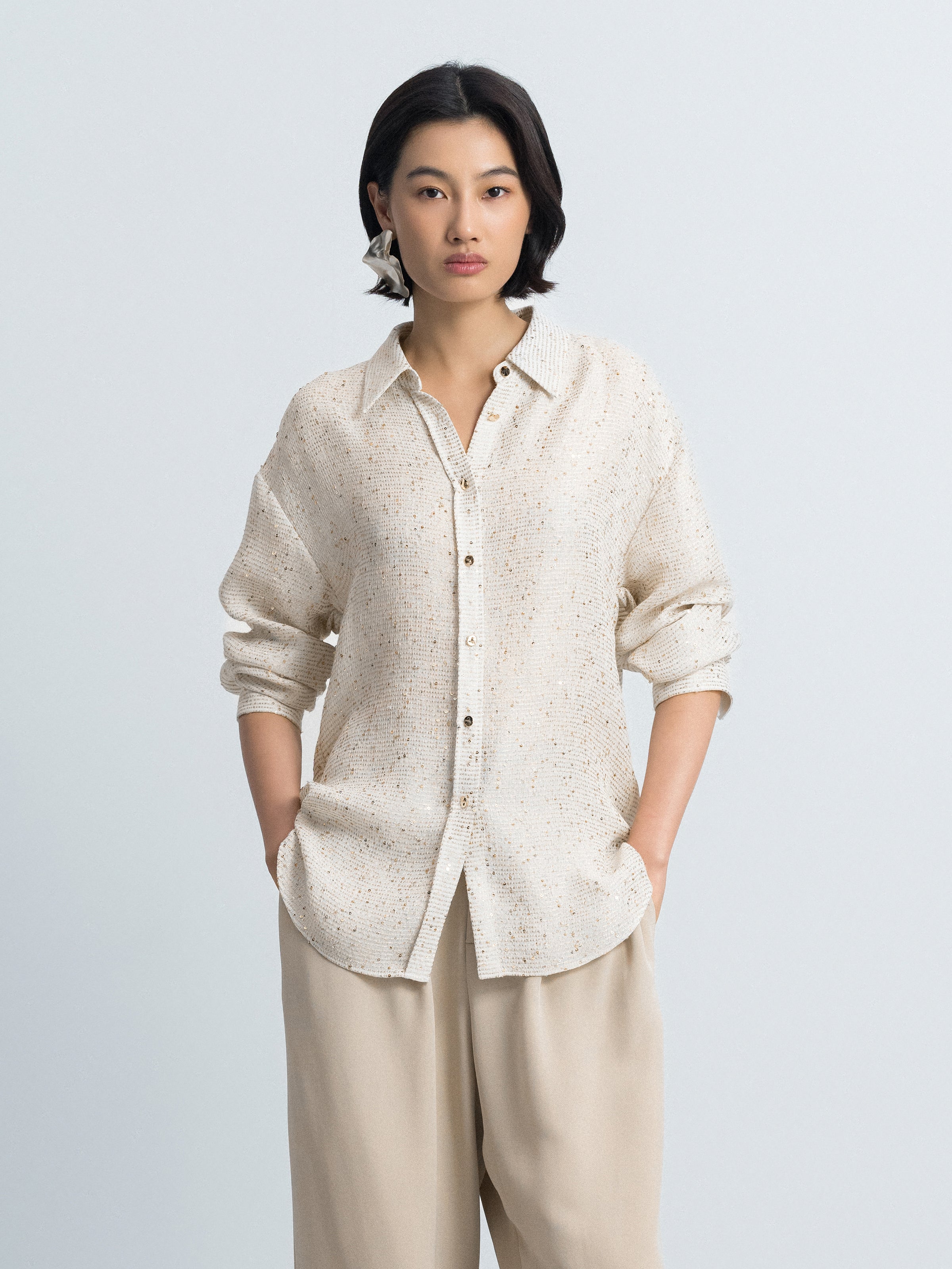 Beige Sequin Stripe Tailored Straight Long-Sleeve Shirt