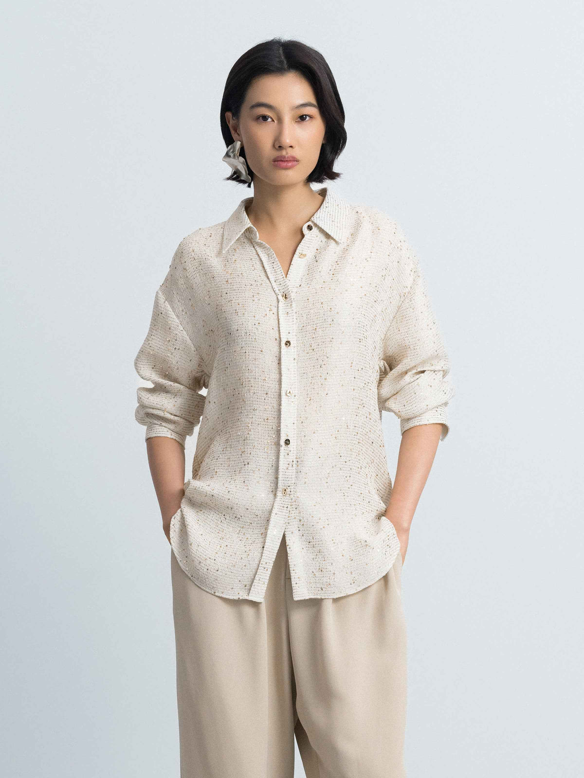 Beige Sequin Stripe Tailored Straight Long-Sleeve Shirt