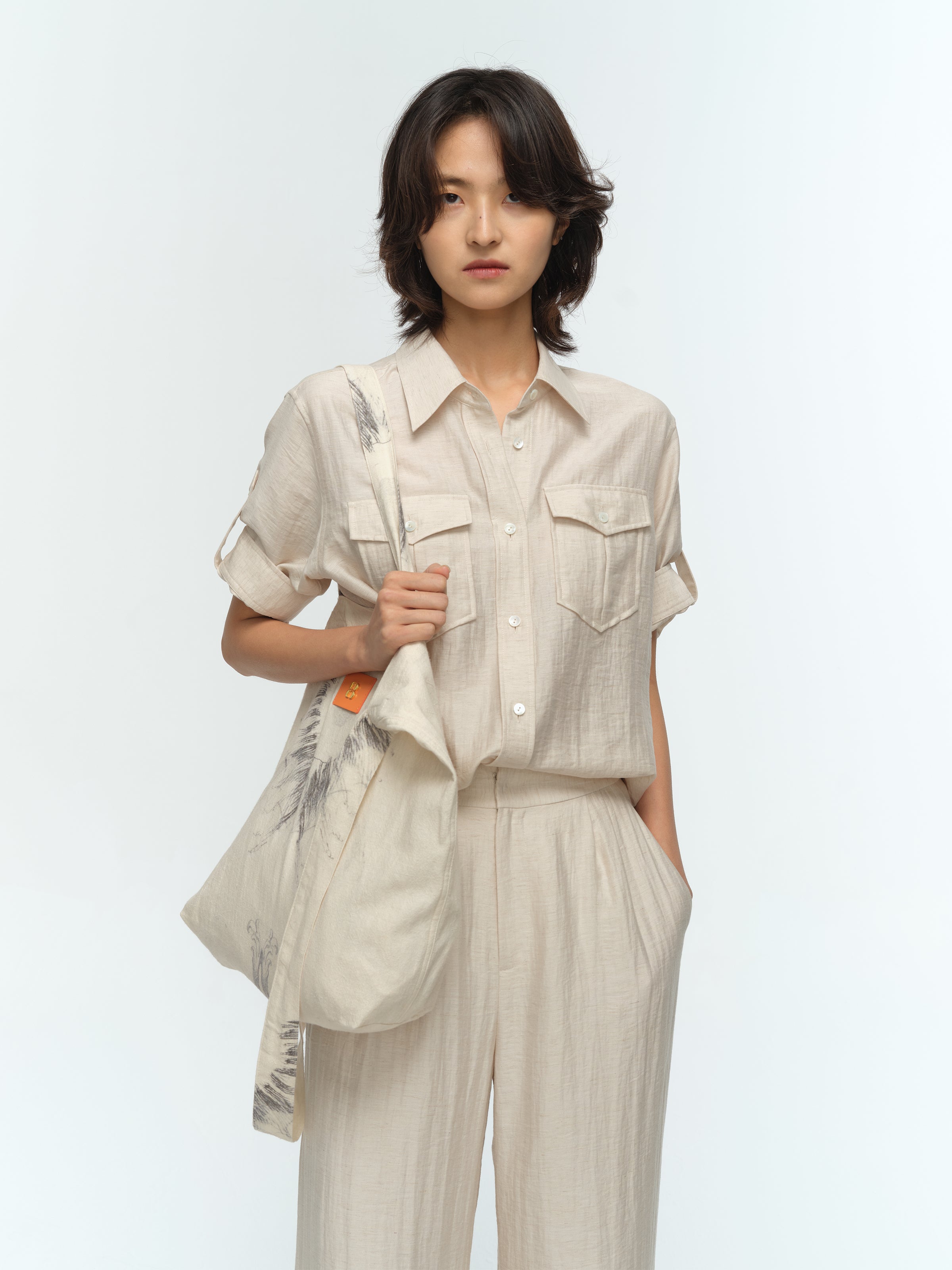 Cream White Linen Utility Pocket Straight Short-Sleeve Shirt