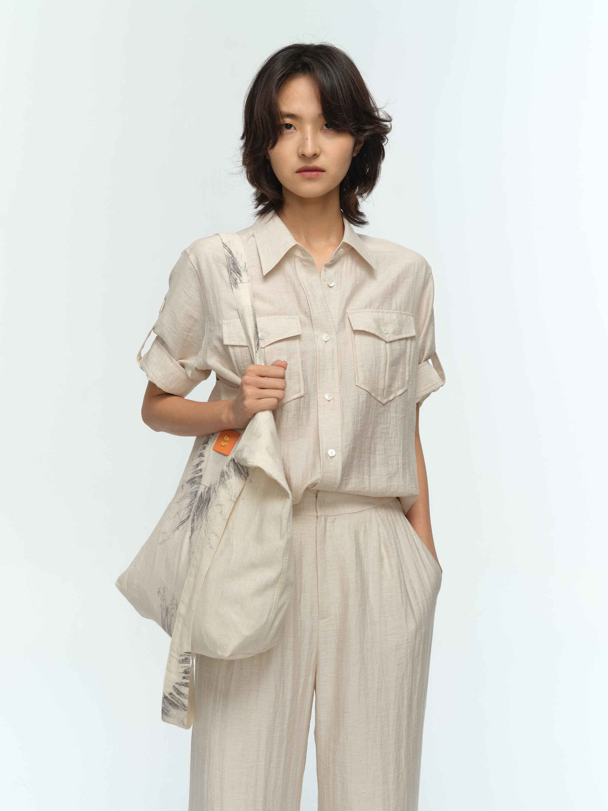 Cream White Linen Utility Pocket Straight Short-Sleeve Shirt