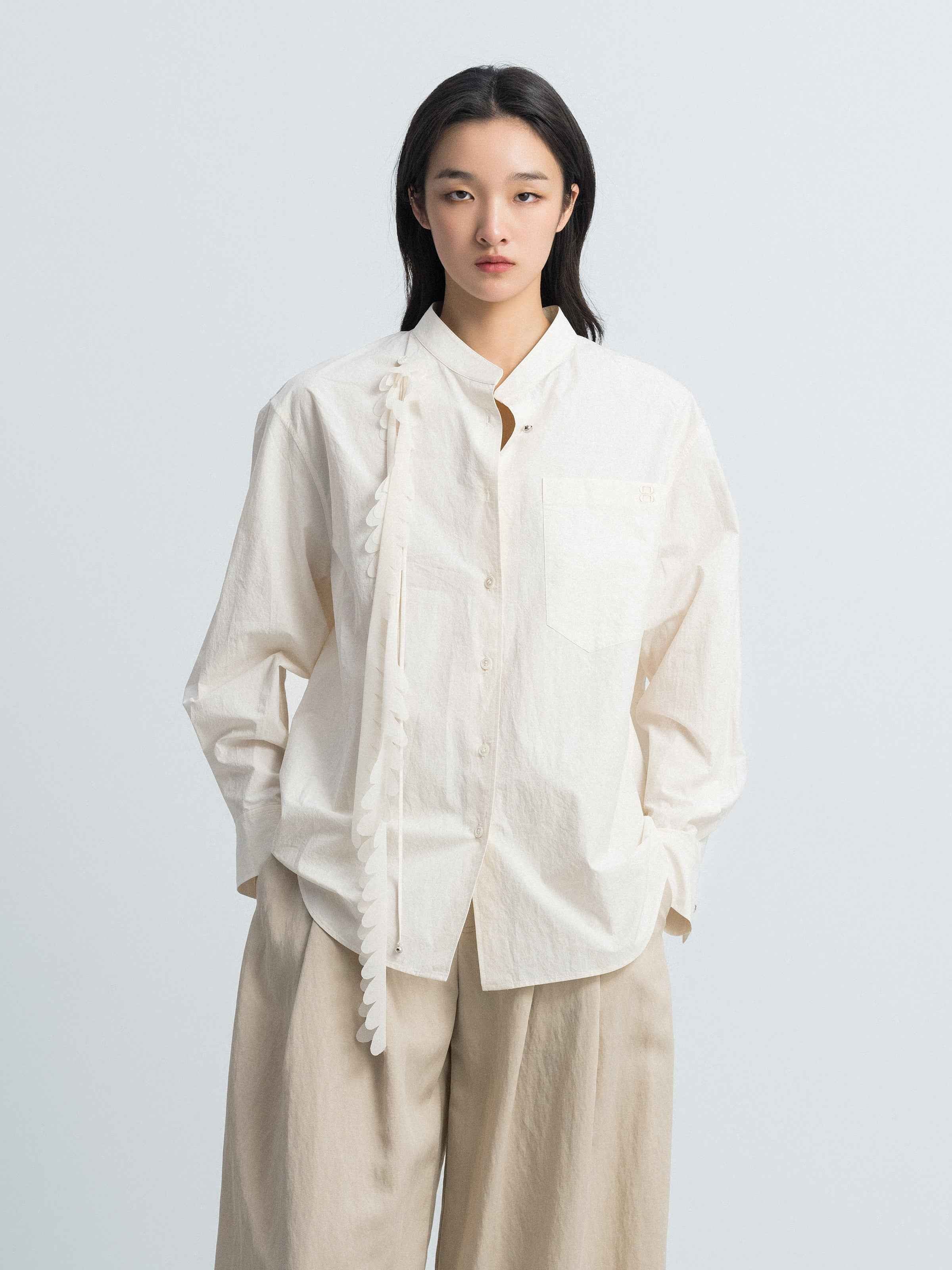 Cream White Washed Pima Cotton Stand Collar Detachable Shirt