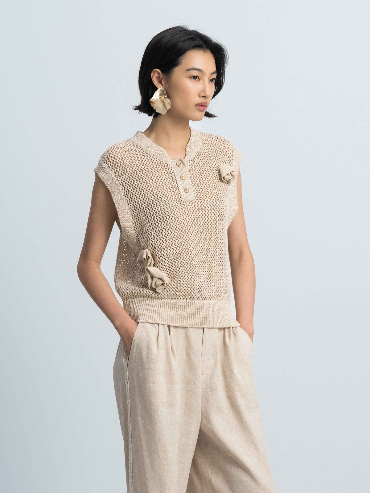 Beige Cotton Poly Linen Hollow Henley 3D Flower Knit Vest