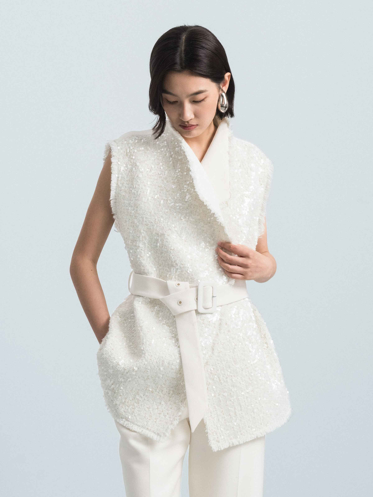Sequin Tie‑Detail Stand‑Collar Waistcoat
