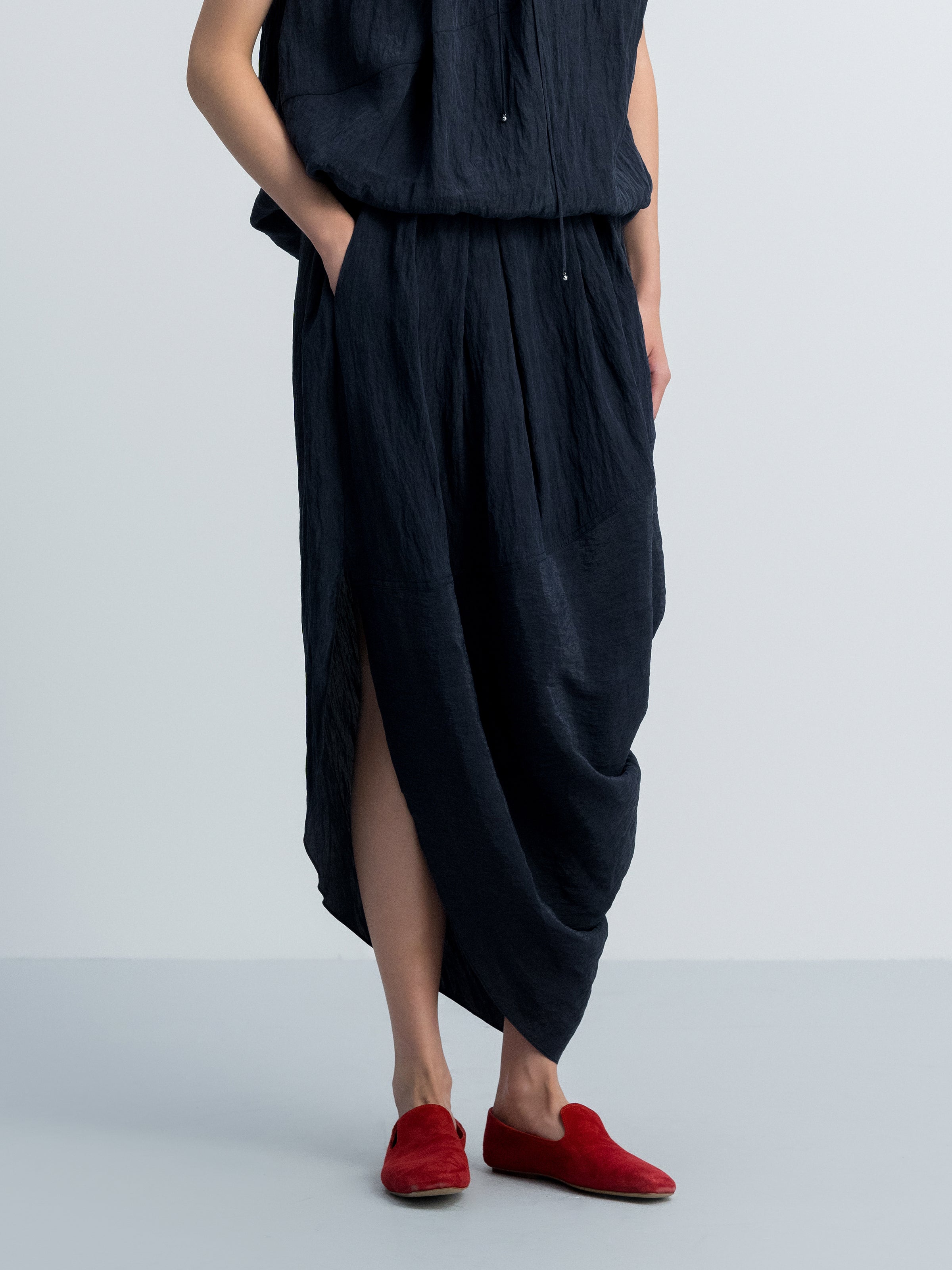 Navy Blue Tencel Snow-Washed Irregular Drape Long Skirt