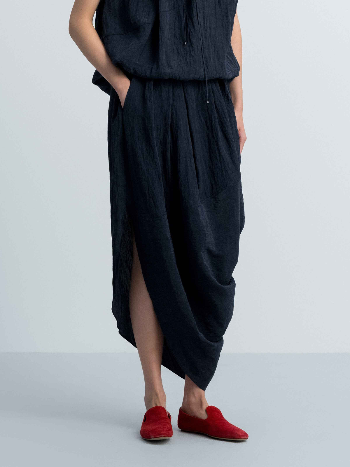 Navy Blue Tencel Snow-Washed Irregular Drape Long Skirt