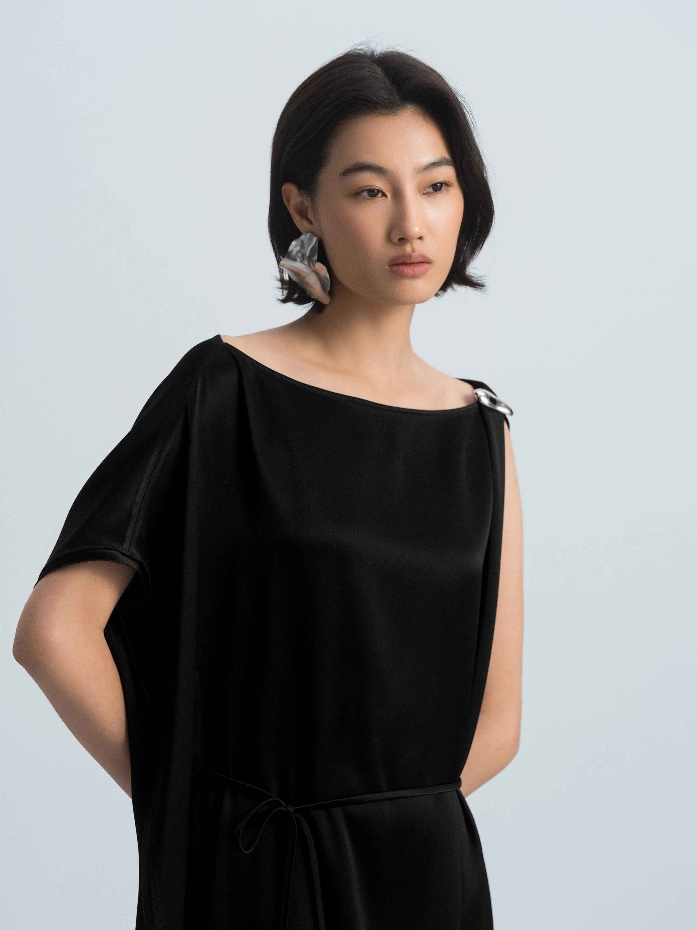 Black Acetate Satin Boat Neck Asymmetric Sleeve Dress