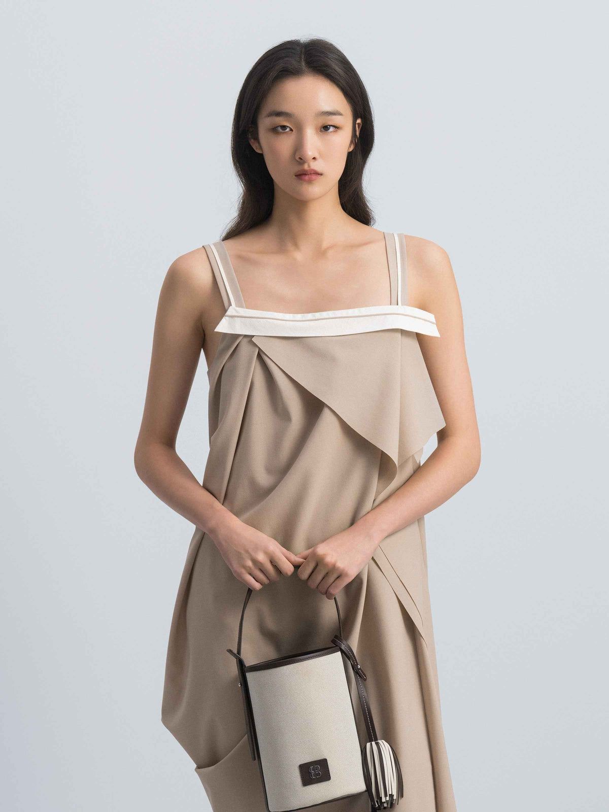 Light Khaki Worsted Wool Irregular Cocoon Strap Slip Dress
