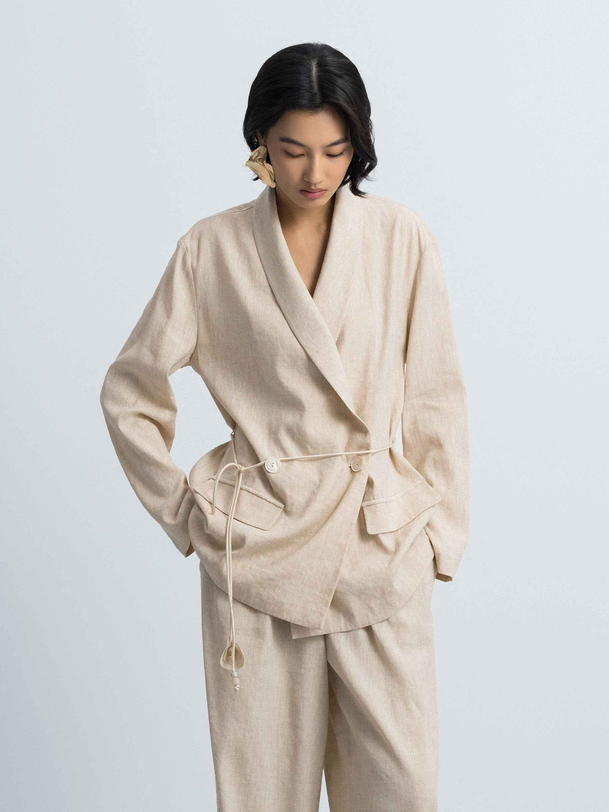 Oatmeal Linen Blend Shawl Collar Drawstring Straight Blazer