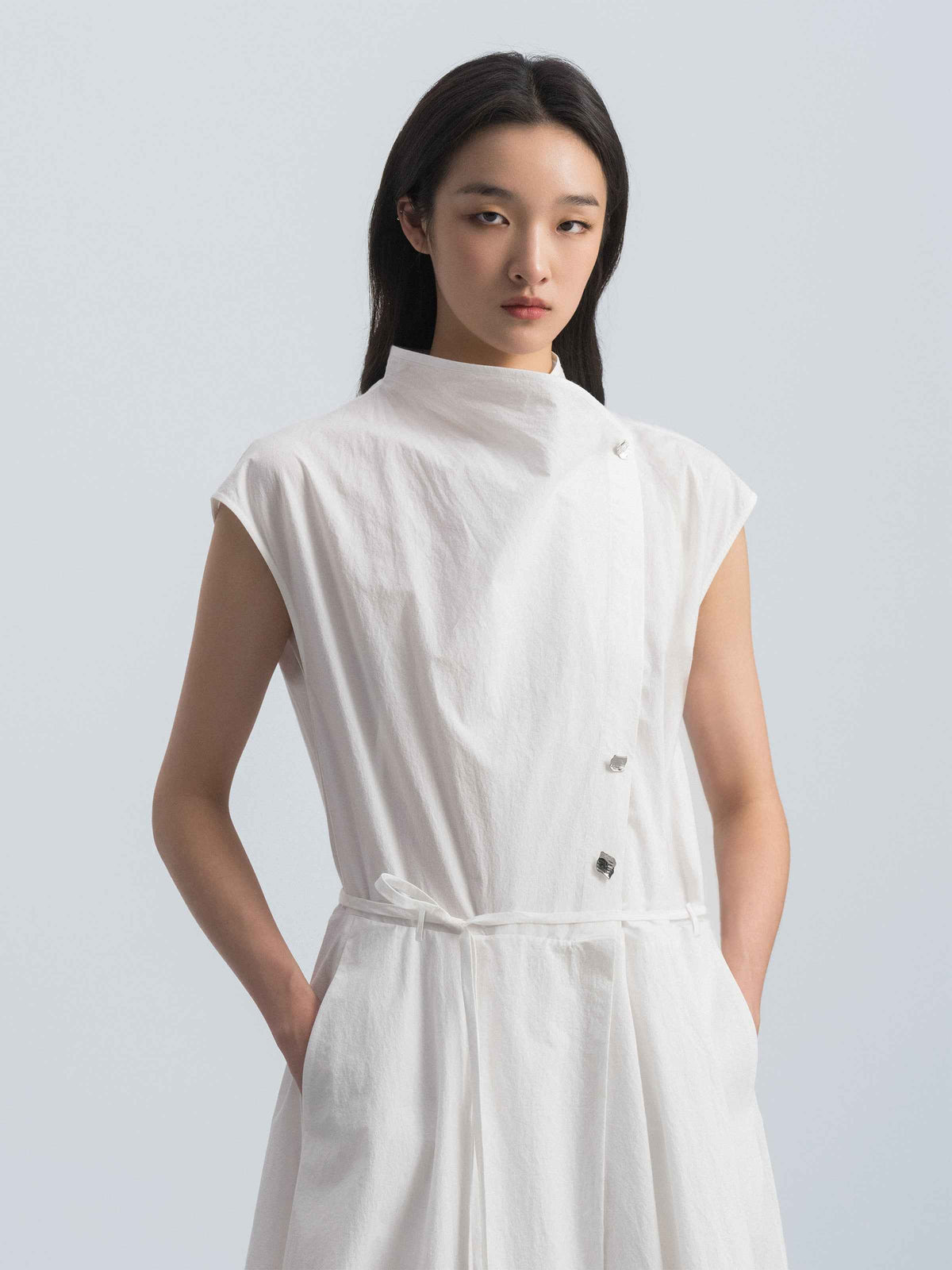 Off White Cotton Crinkle Draped Neck Belt Waist Dress