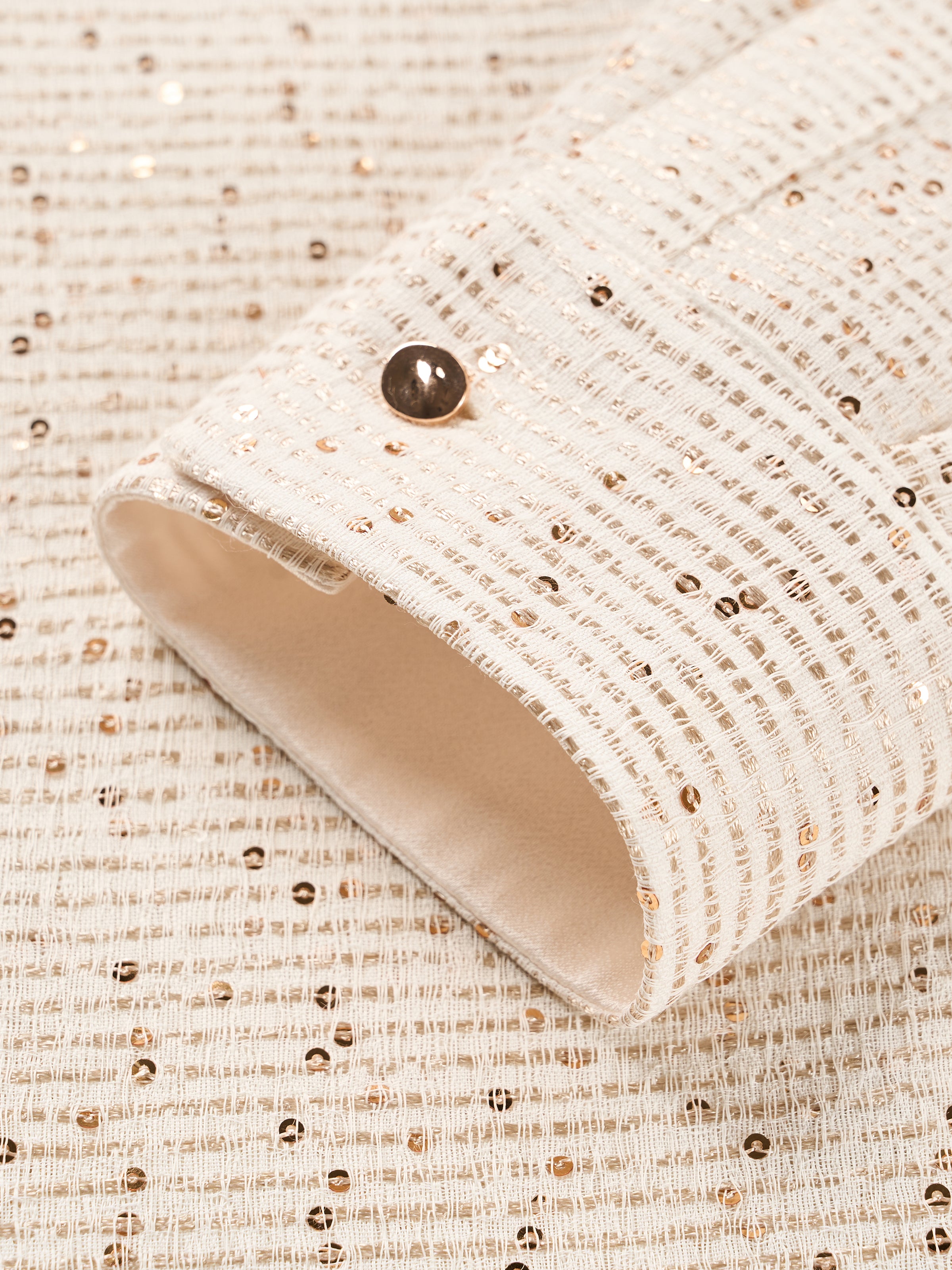 Beige Sequin Stripe Tailored Straight Long-Sleeve Shirt