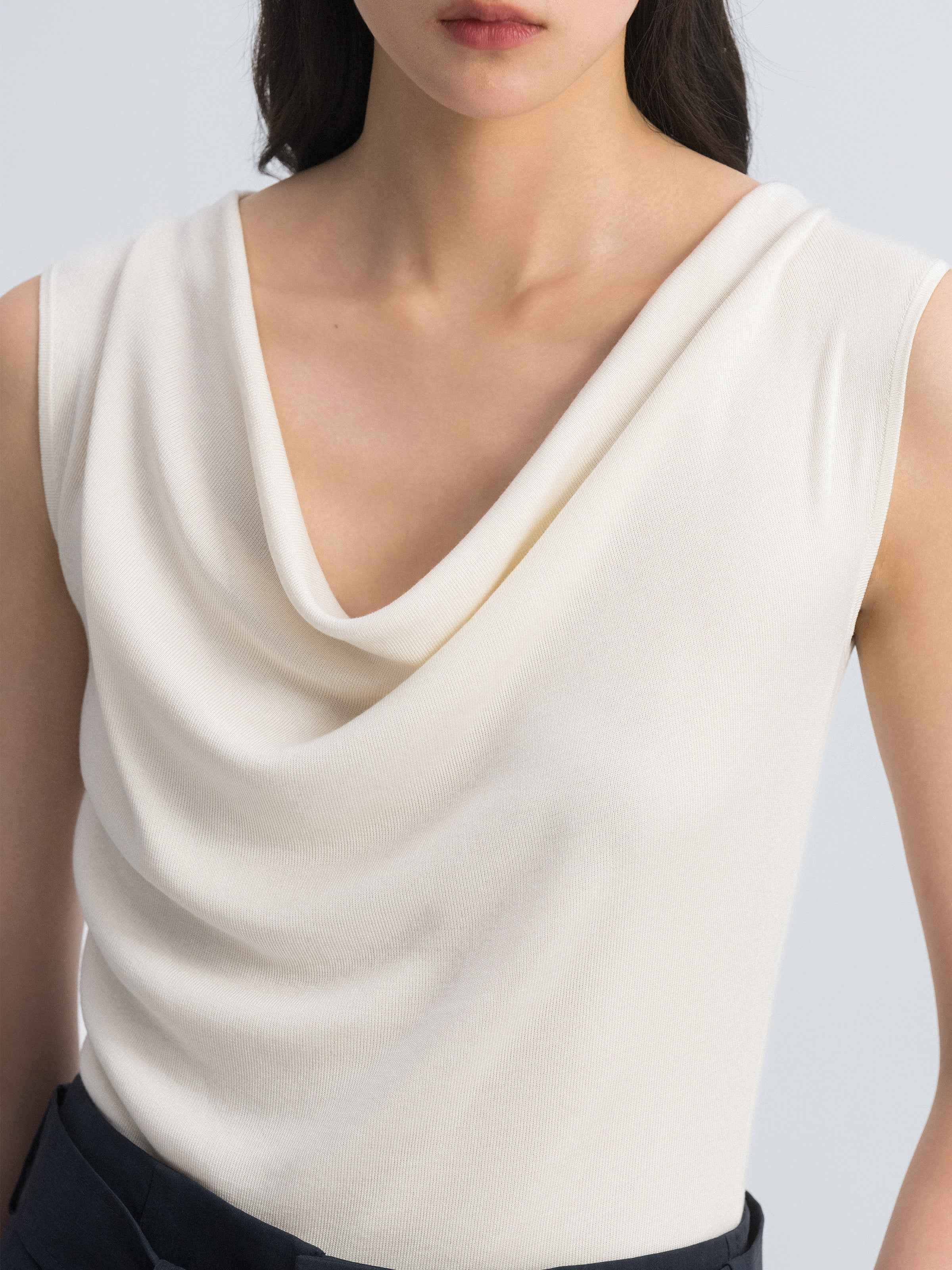 Cream White Acetate Blend Draped Neck Fitted Knit Sweater