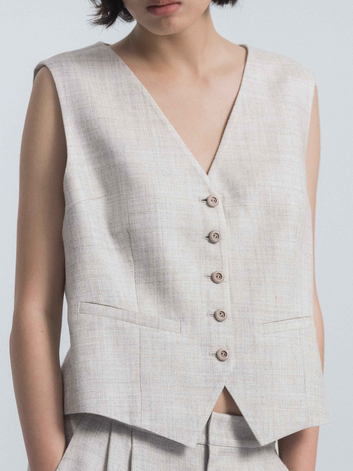 Light Gray Linen Viscose Cropped V-Neck Vest