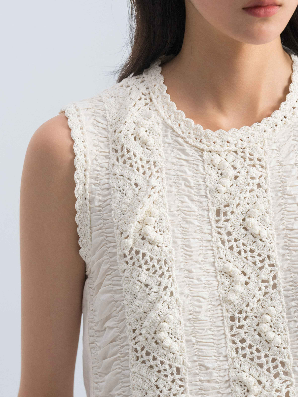 Cream White Pima Cotton Crocheted Flower Splice Sleeveless Dress
