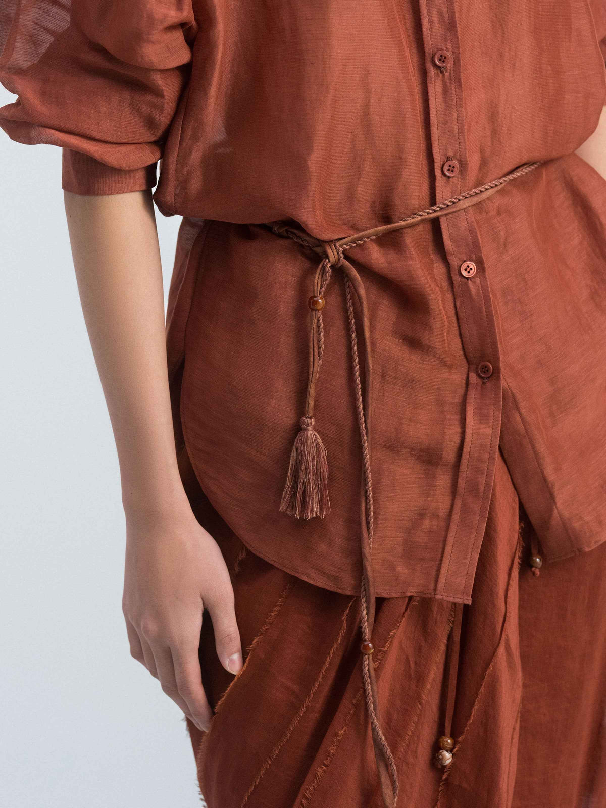 Dark Red Silk Linen Bead Tie Drop-Shoulder Long-Sleeve Shirt