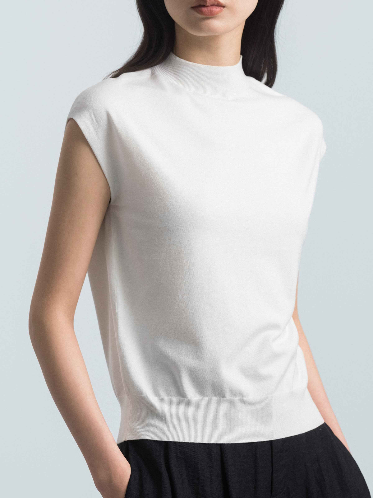 Off White Mulberry Silk Semi-High Neck Cap Sleeve Pullover