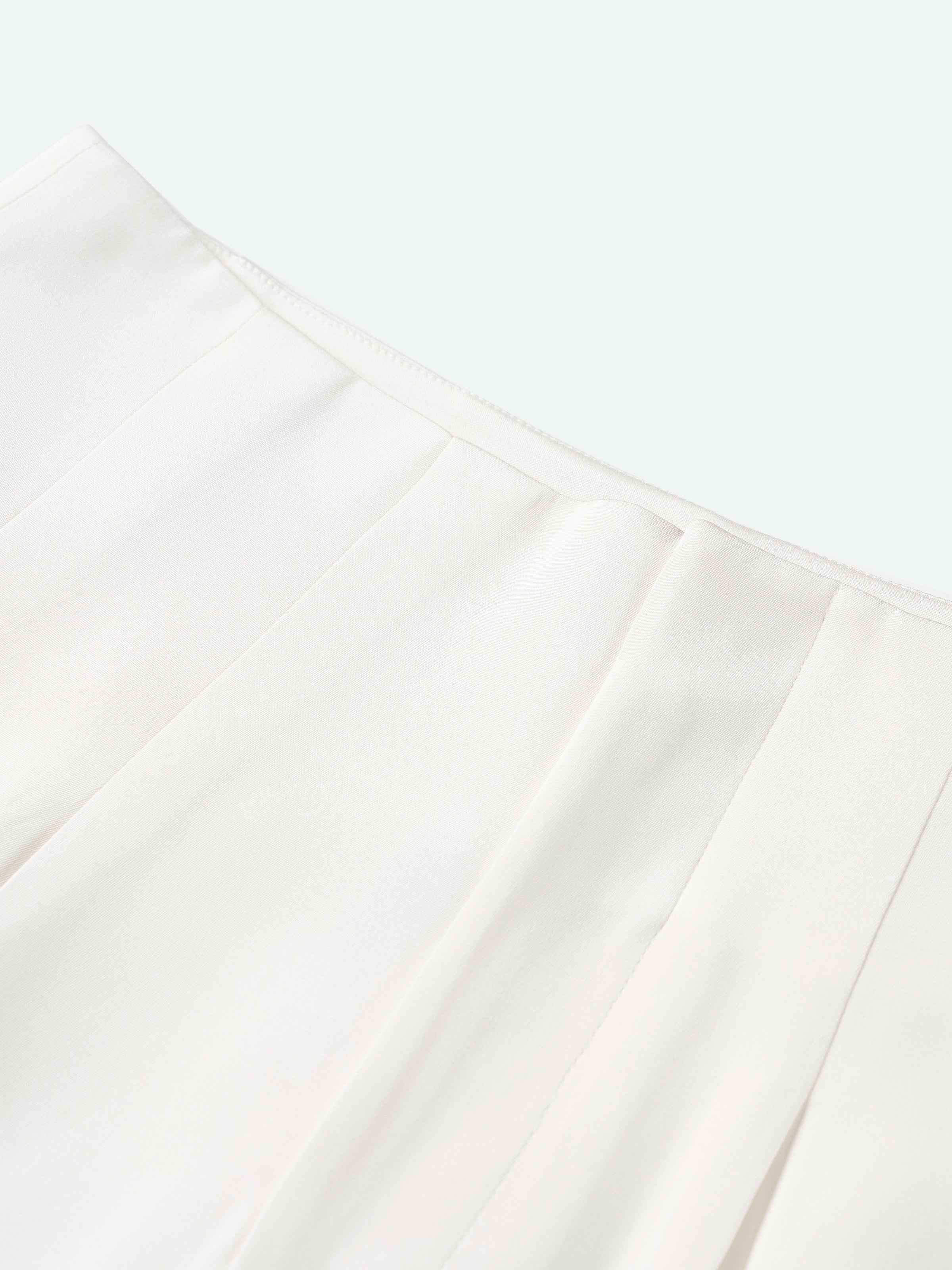 Cream White Mulberry Silk Double Pleat Wide-Leg Trousers
