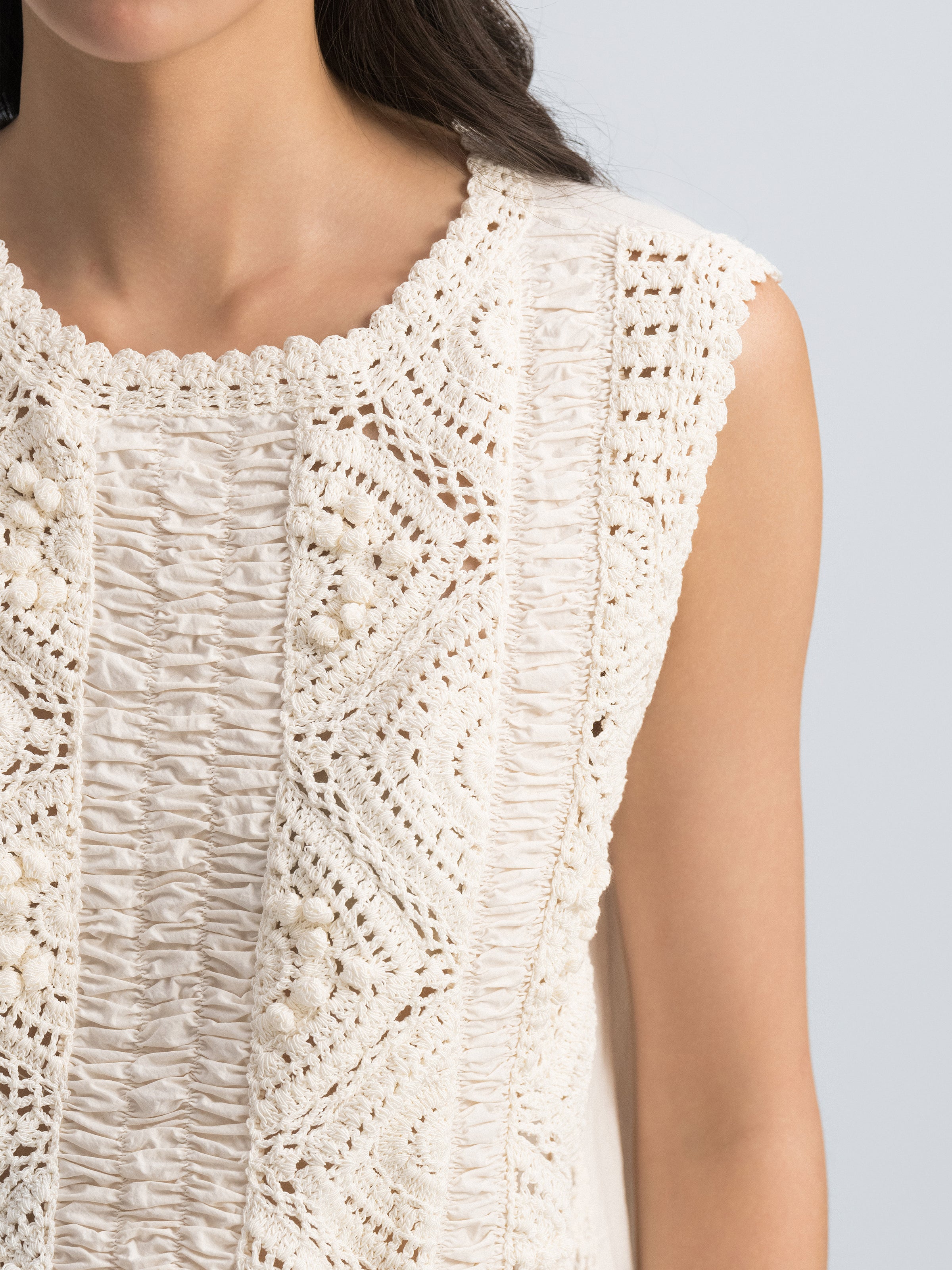 Cream White Pima Cotton Crocheted Flower Straight Sleeveless Top