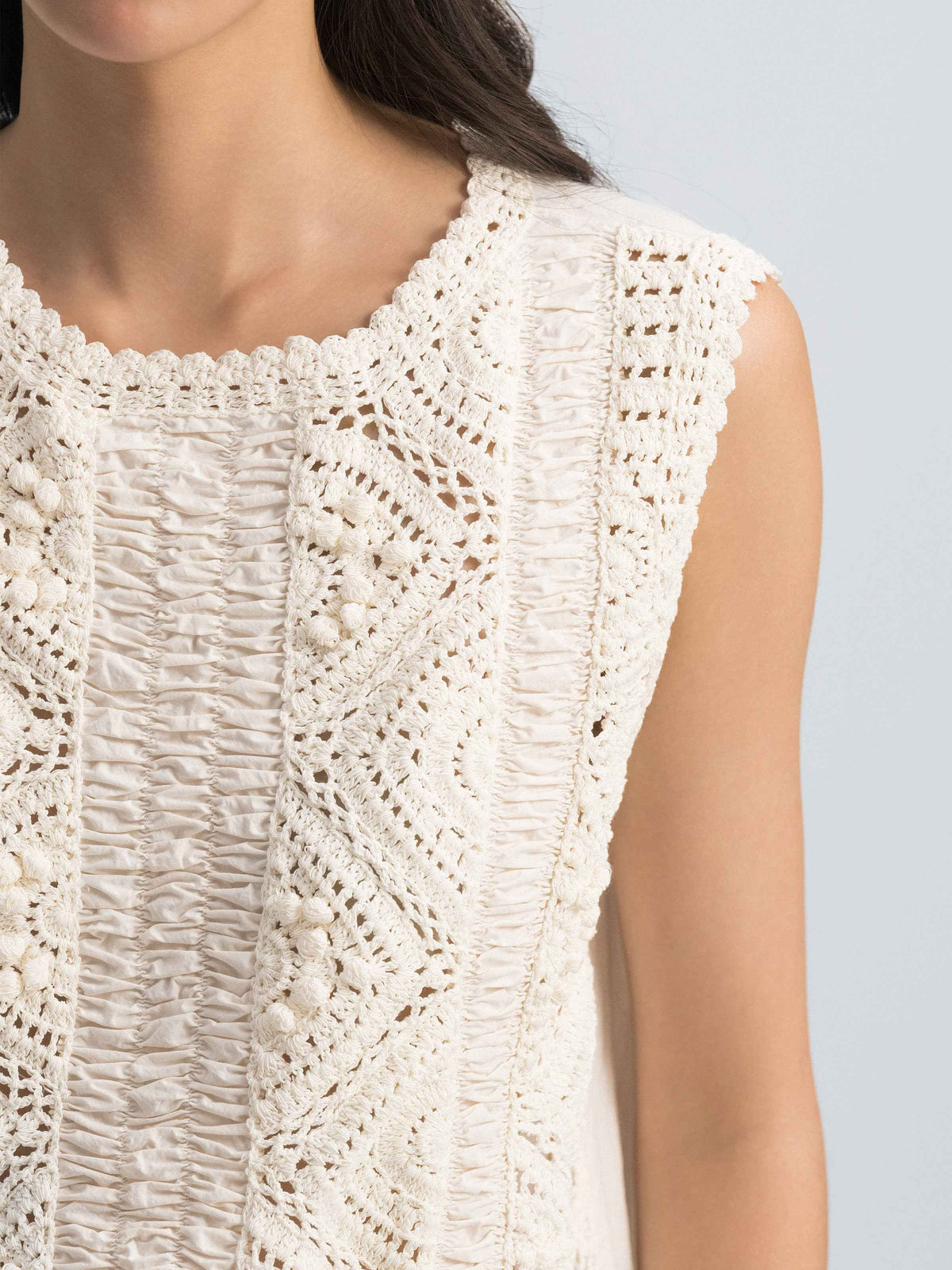 Cream White Pima Cotton Crocheted Flower Straight Sleeveless Top