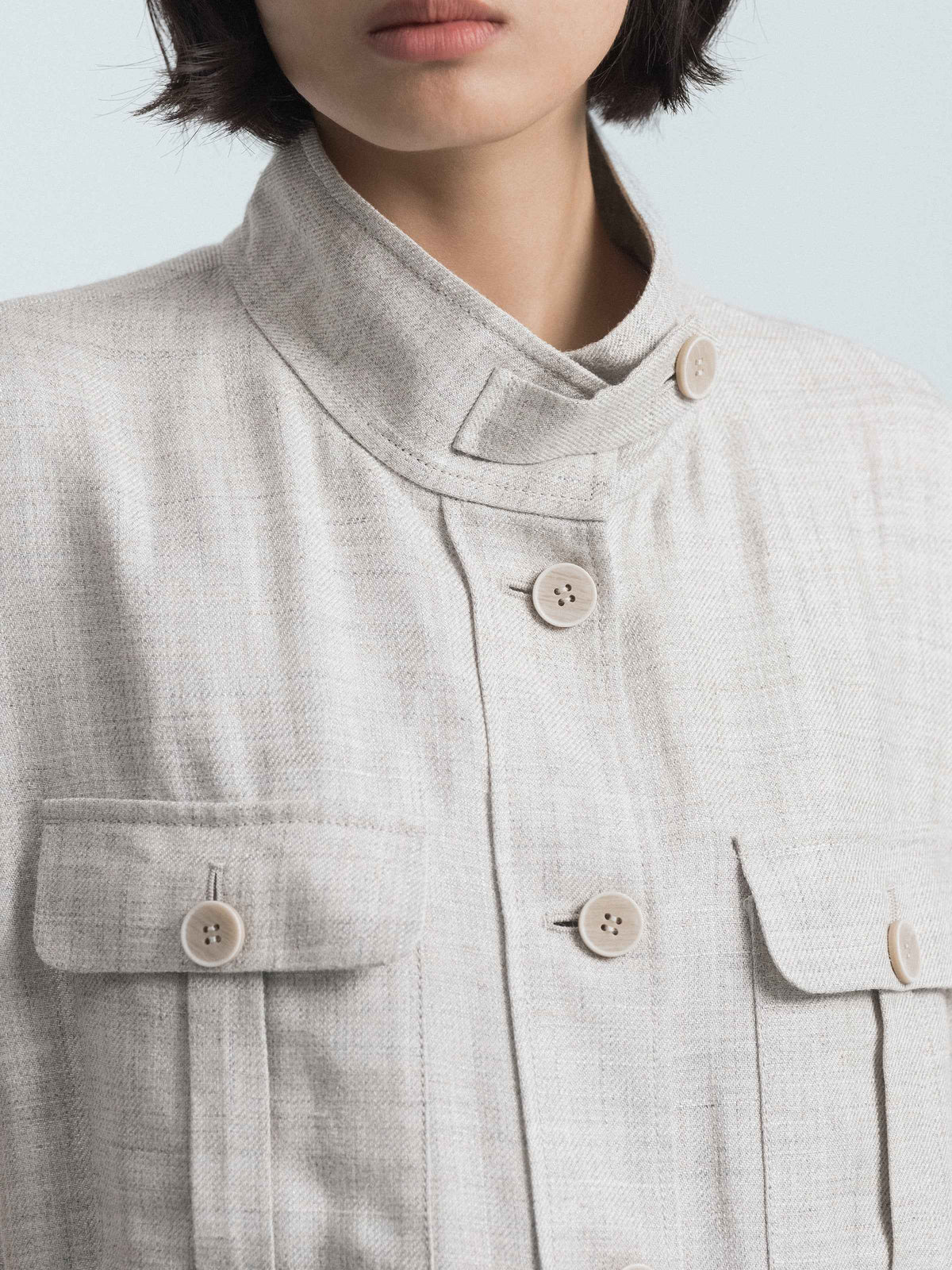 Light Gray Linen Viscose Stand Collar Midi Vest