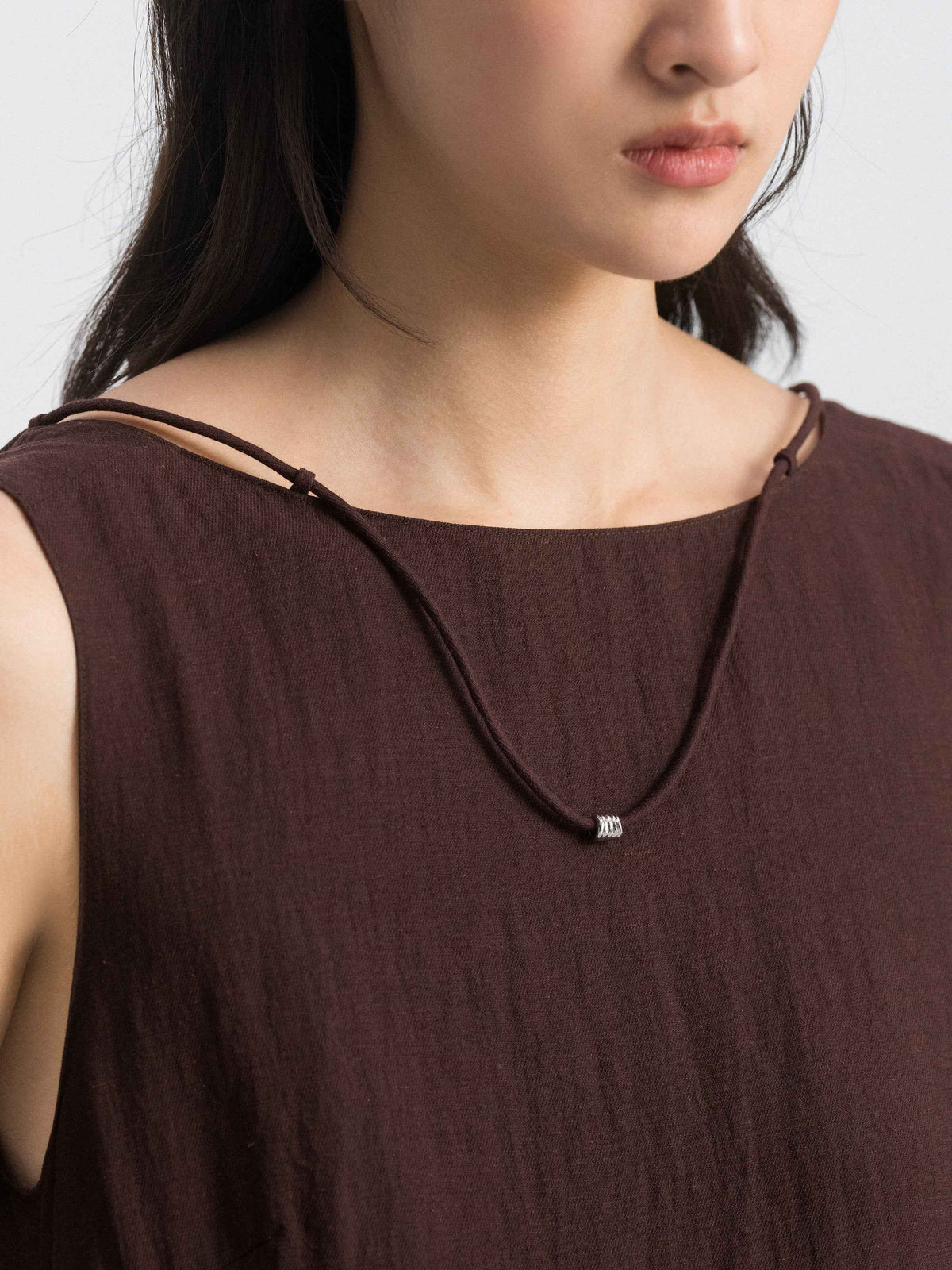 Coffee Brown Linen Blend Drawstring V Knot Cocoon Dress