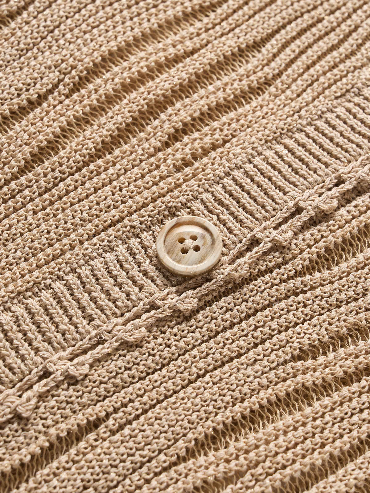 Light Khaki Openwork Floral Placket V-Neck Knit Cardigan
