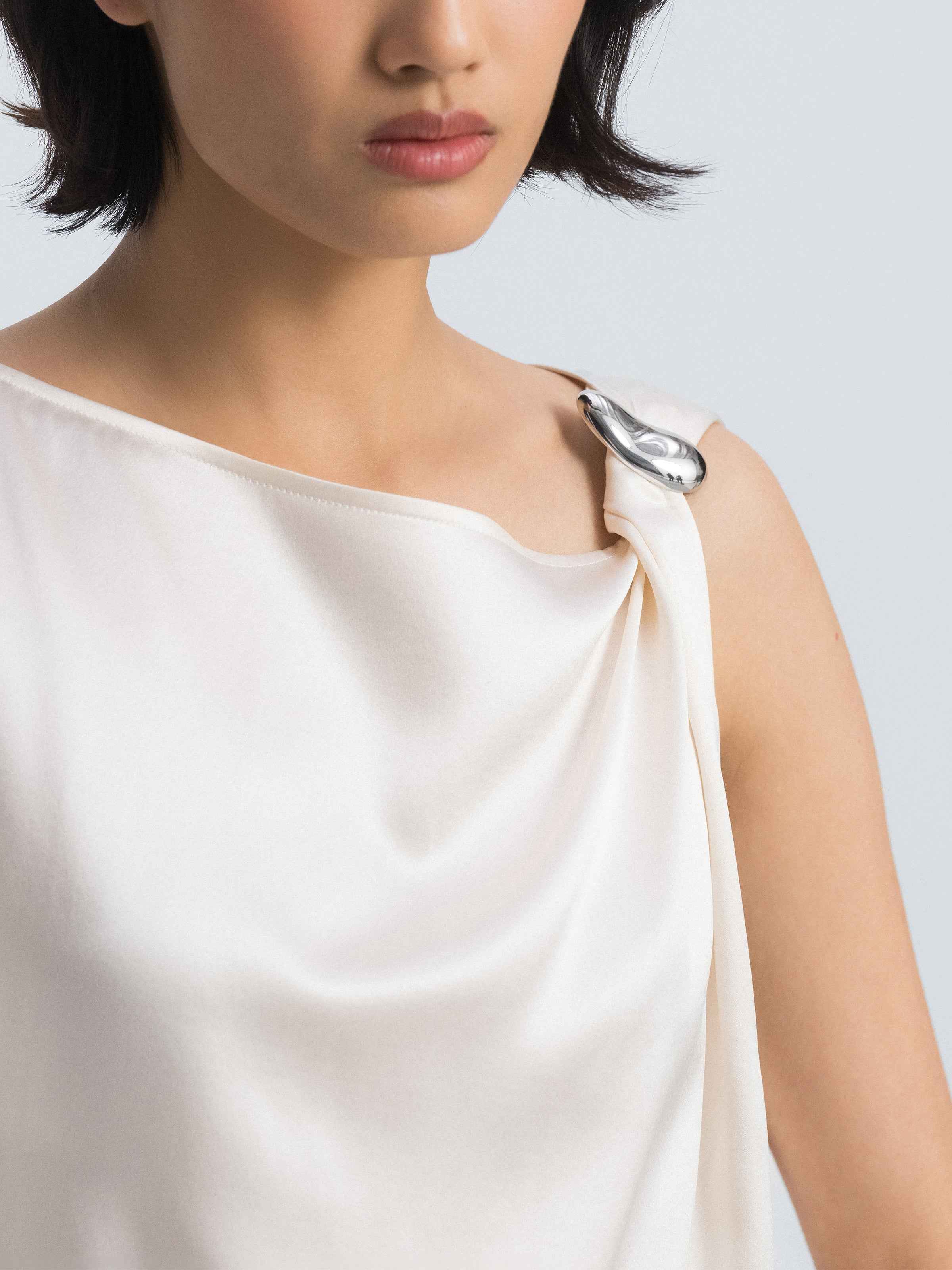Beige Yellow Mulberry Silk Satin Shoulder Knot Sleeveless Top