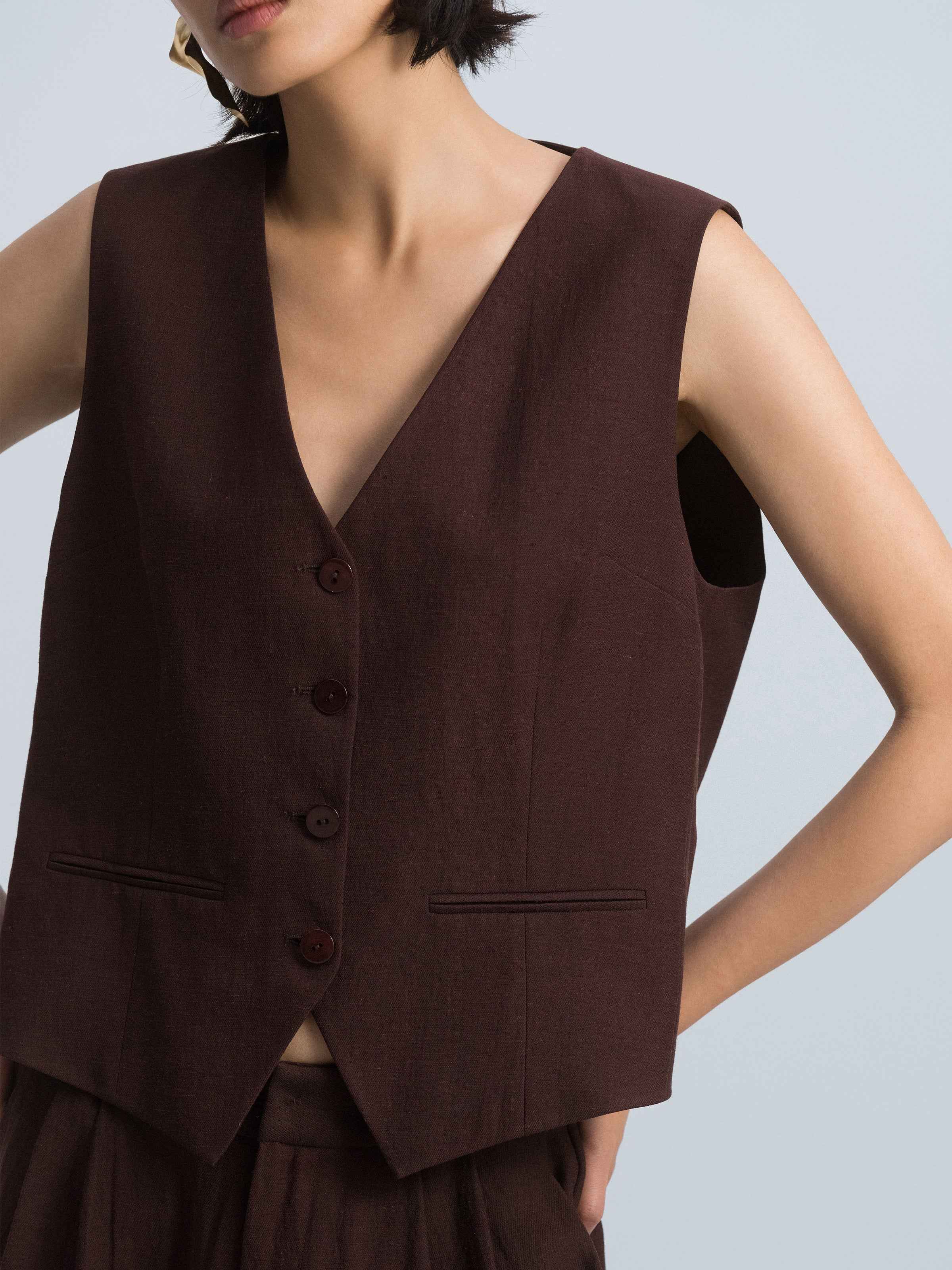 Coffee Brown Linen Blend Shell Button V-Neck Vest