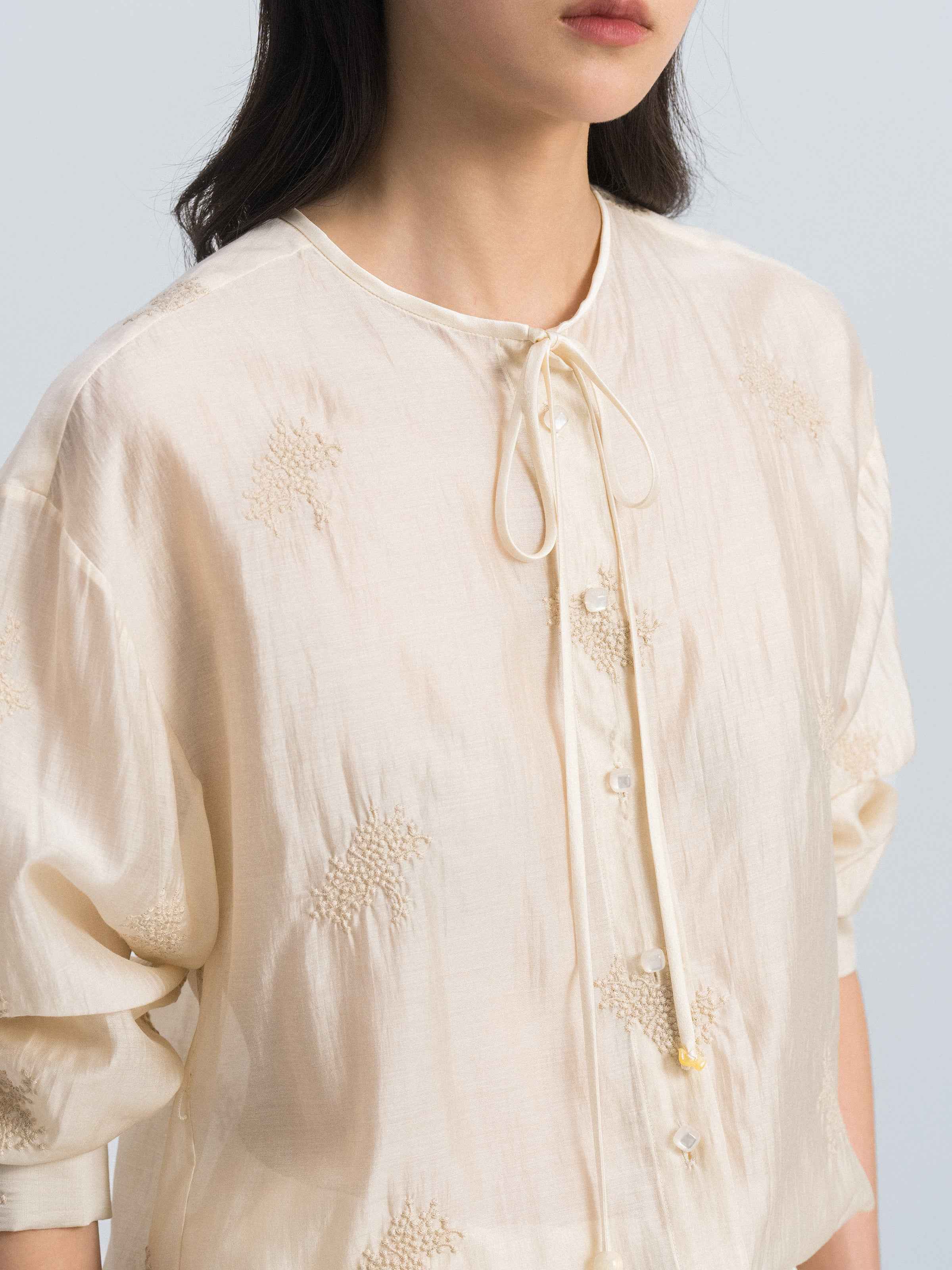 Beige Yellow Lyocell Blend Round Neck Bow Tie Shirt