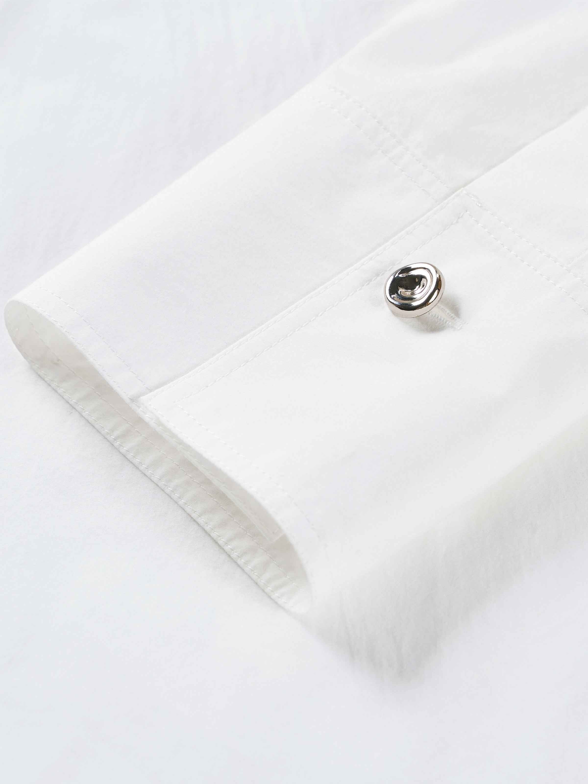 Off White Cotton Crinkle Stand Collar Hidden Placket Shirt