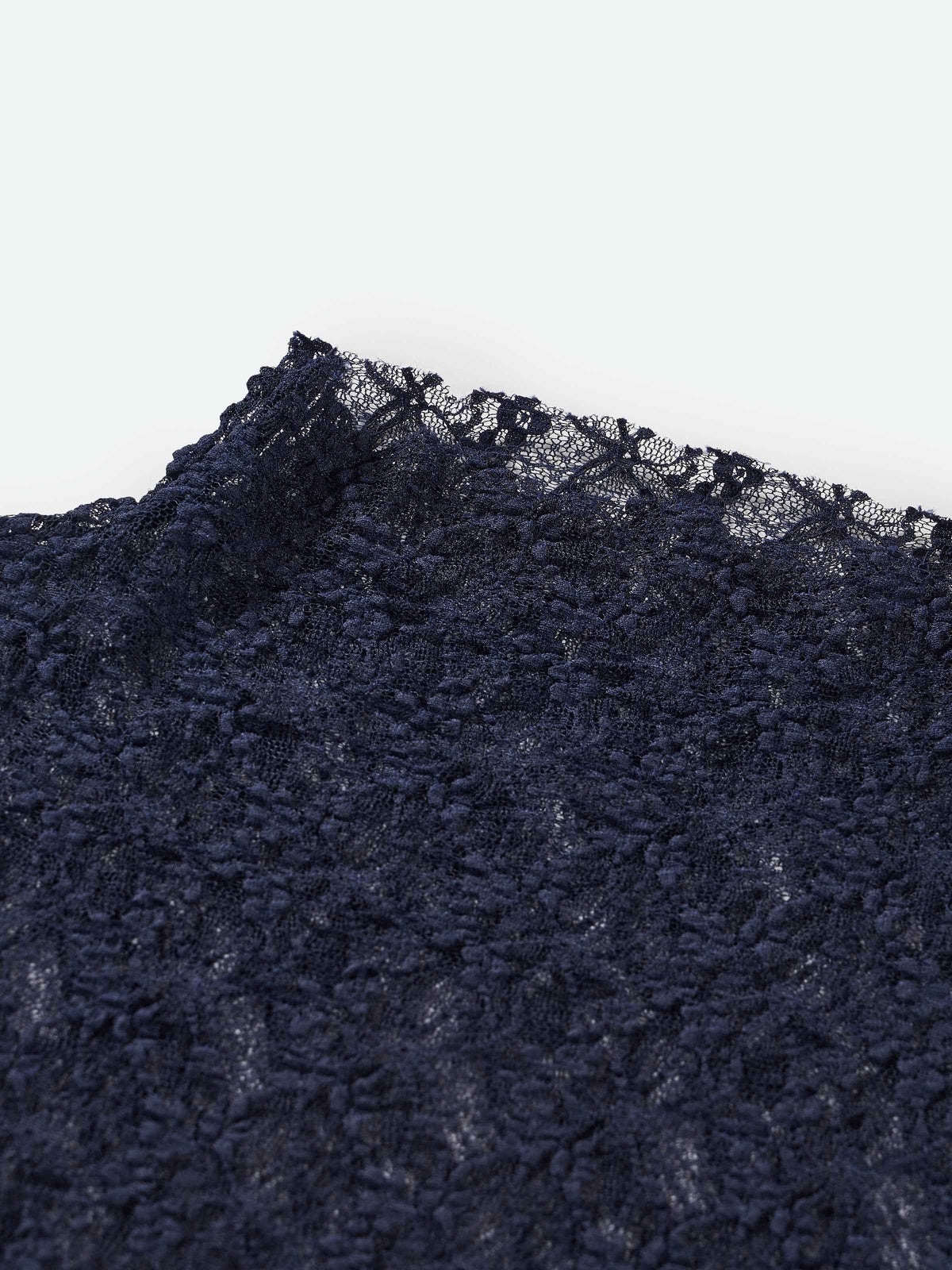 Navy Blue Stretch Lace Semi-High Neck Elbow-Sleeve Top