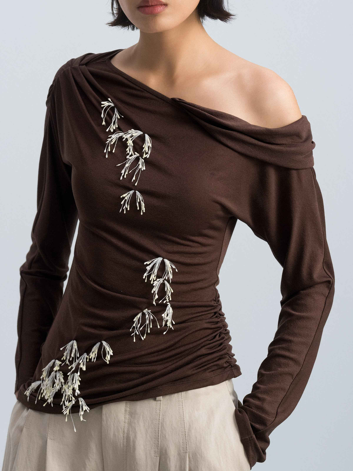 Brown Acetate Poly Knit Shoulder Ruching Diagonal Hem Top