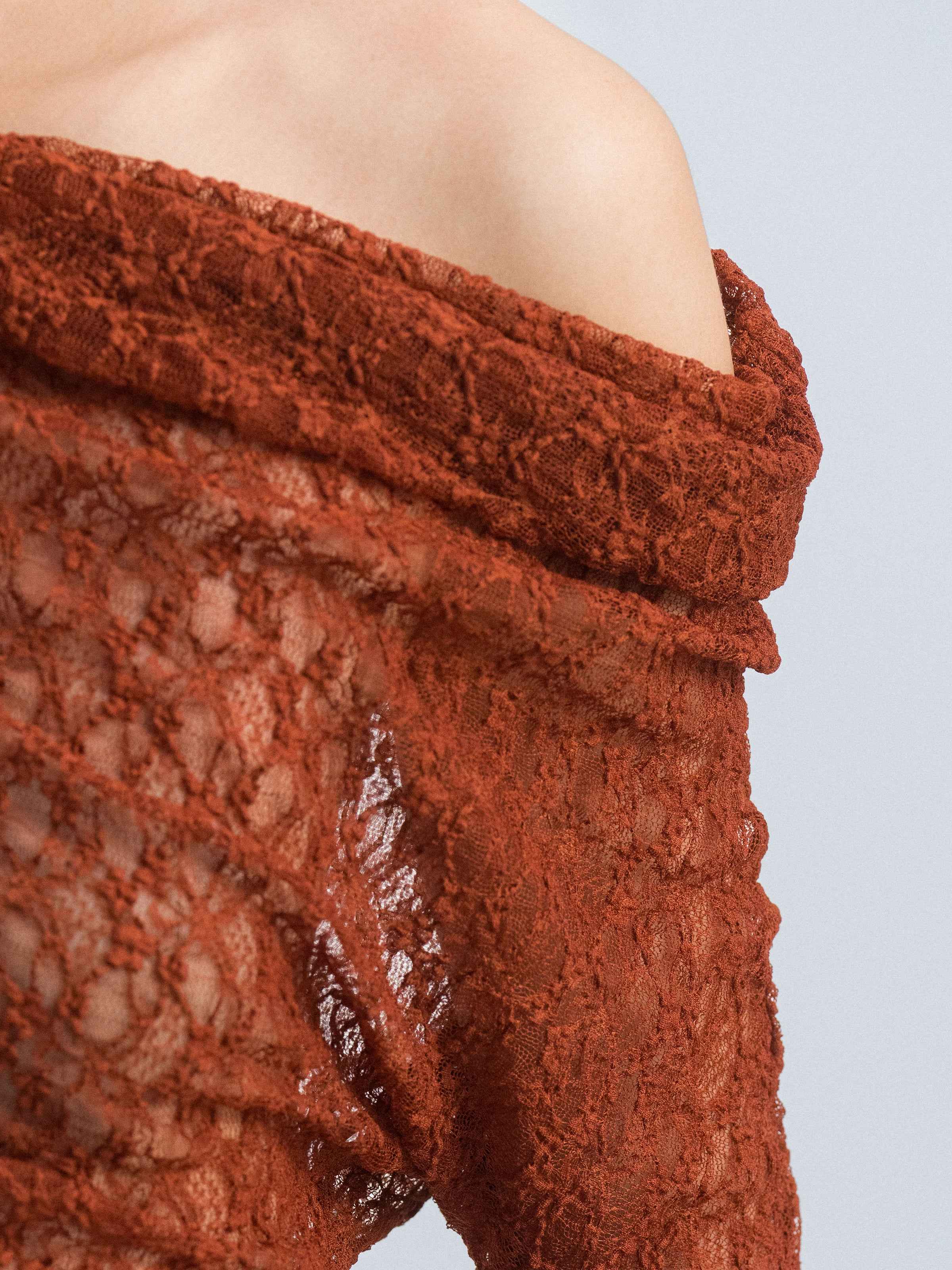 Orange Red Stretch Lace Stacked Neck Fitted Long-Sleeve Top
