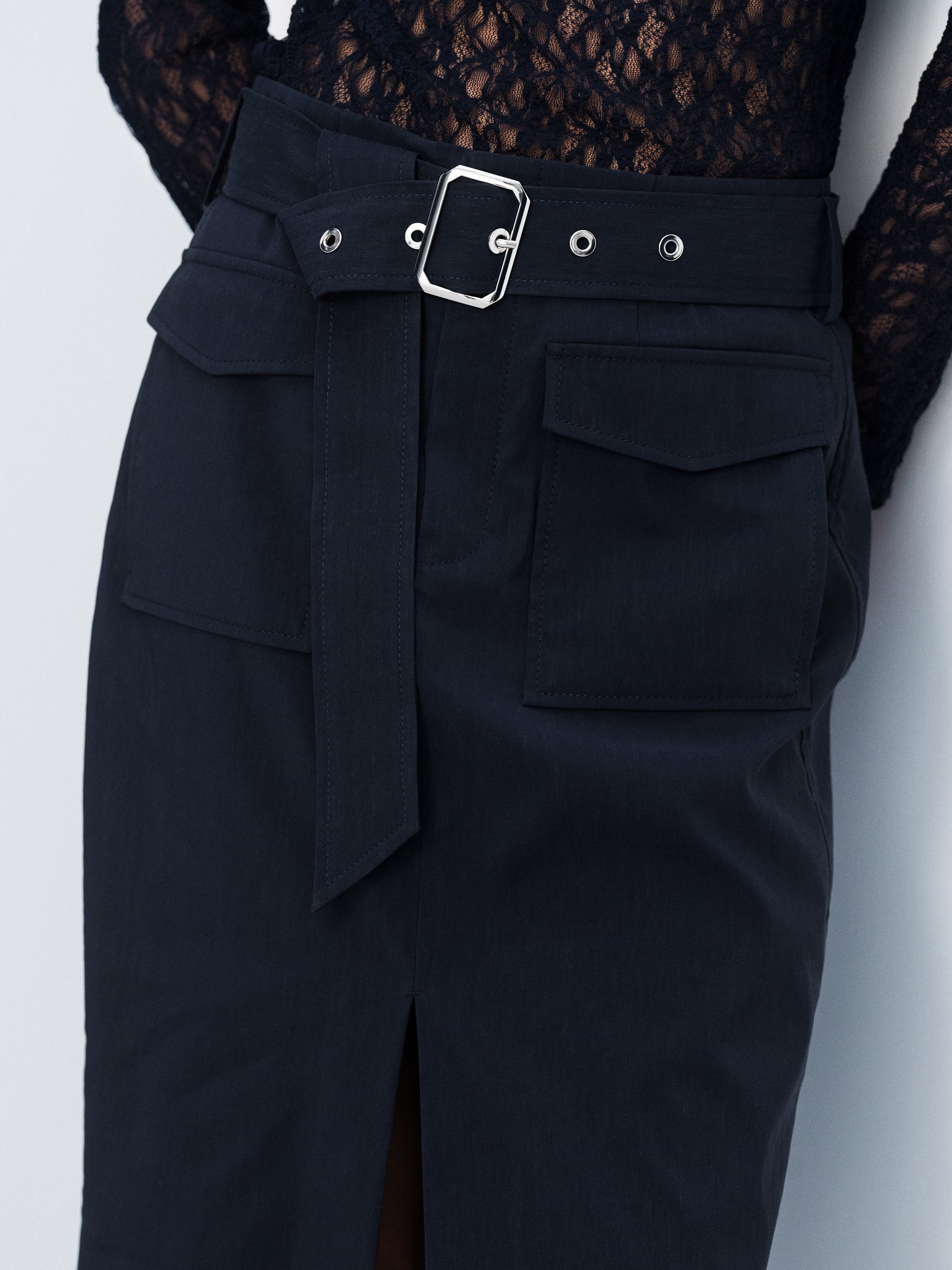 Navy Blue Linen Blend D-Ring Utility Pocket Midi Skirt
