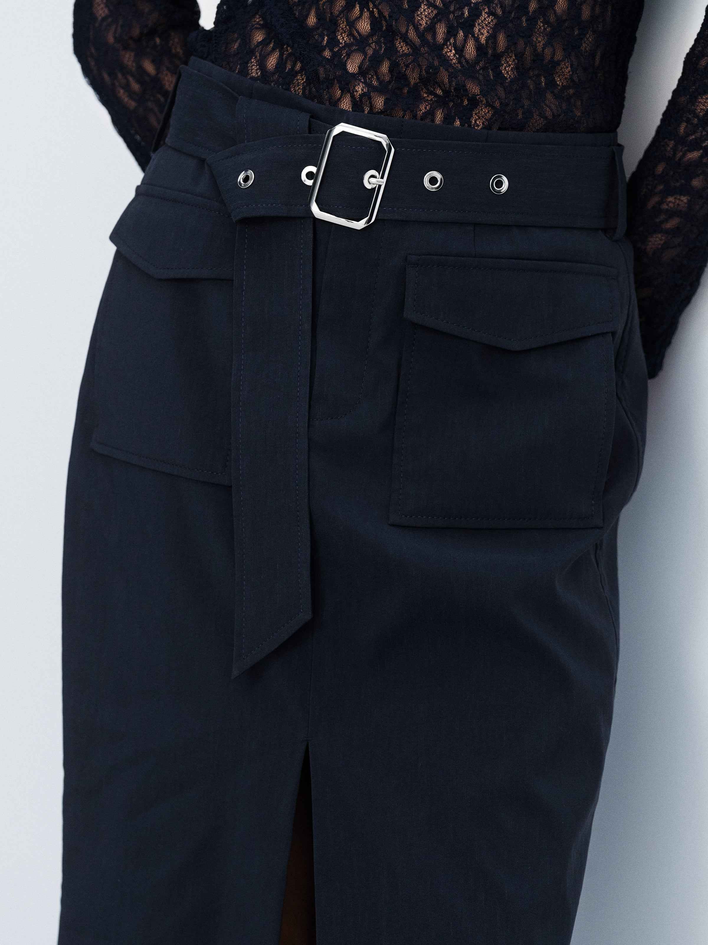 Navy Blue Linen Blend D-Ring Utility Pocket Midi Skirt