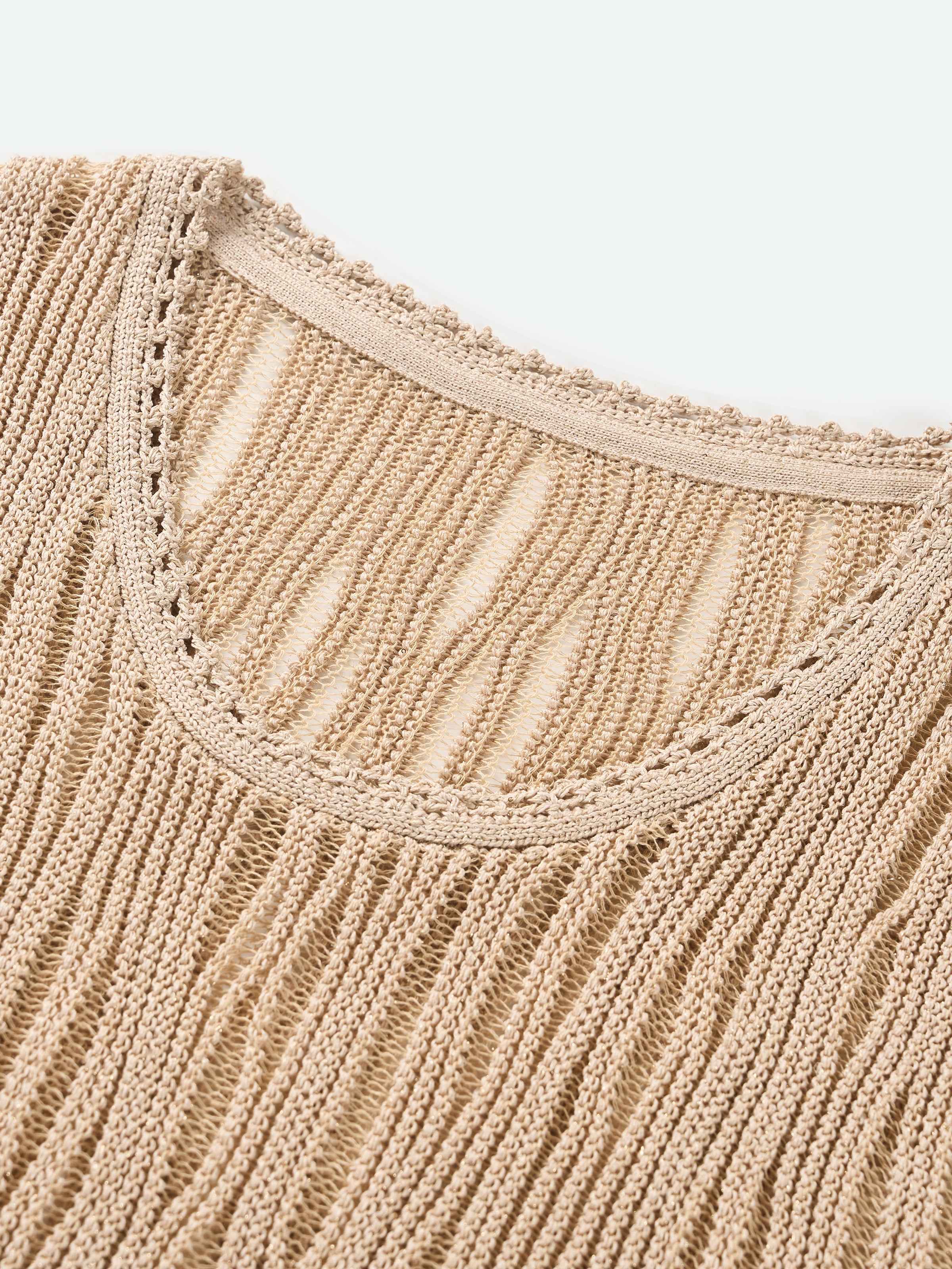 Light Khaki Openwork Floral Trim V-Neck Knit Vest