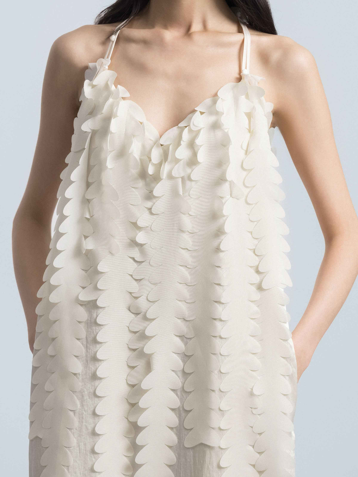 Cream White Acetate V-Neck Double Strap Floral Slip Dress