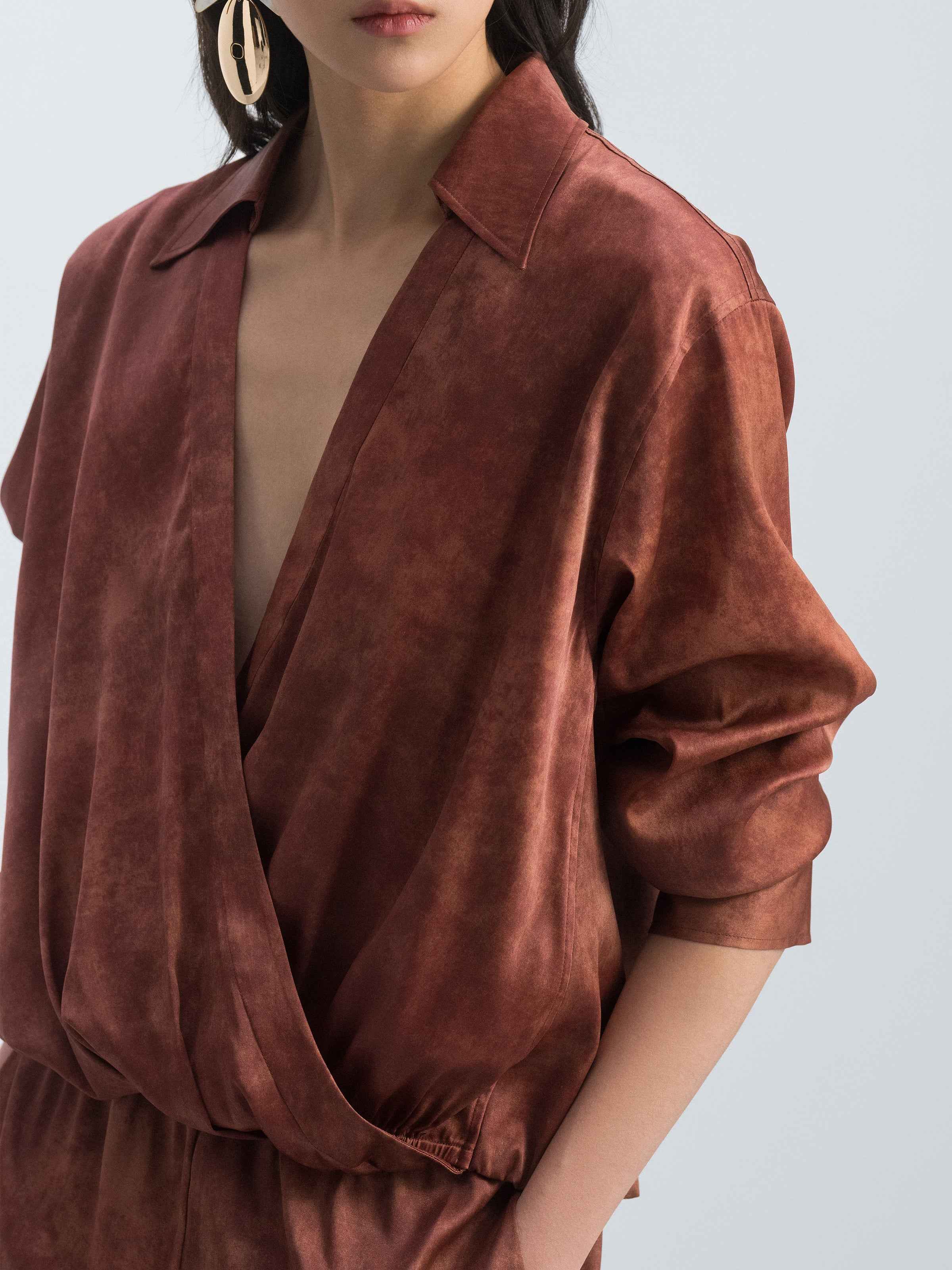 Dark Red Stretch Mulberry Satin V-Neck Long-Sleeve Top