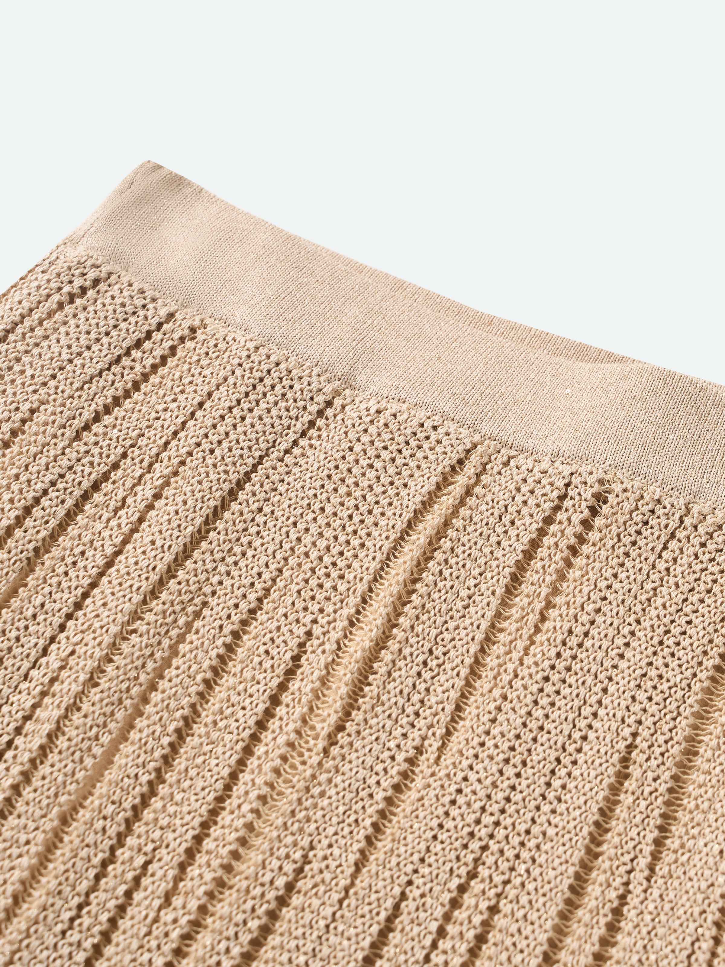 Light Khaki Openwork Lace Trim Side Slit Knit Skirt