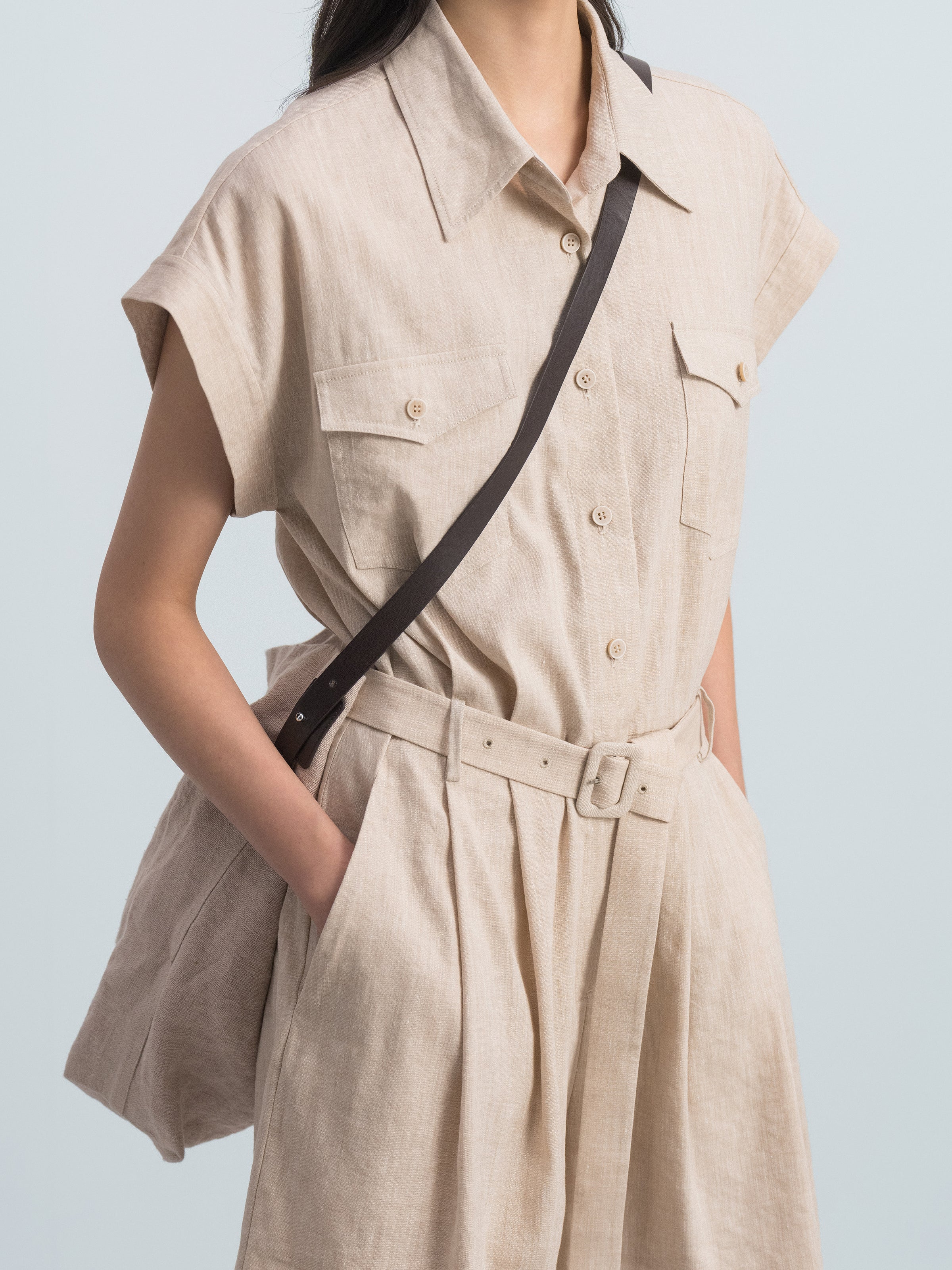 Oatmeal Linen Blend Drop-Shoulder D-Ring Belt Romper