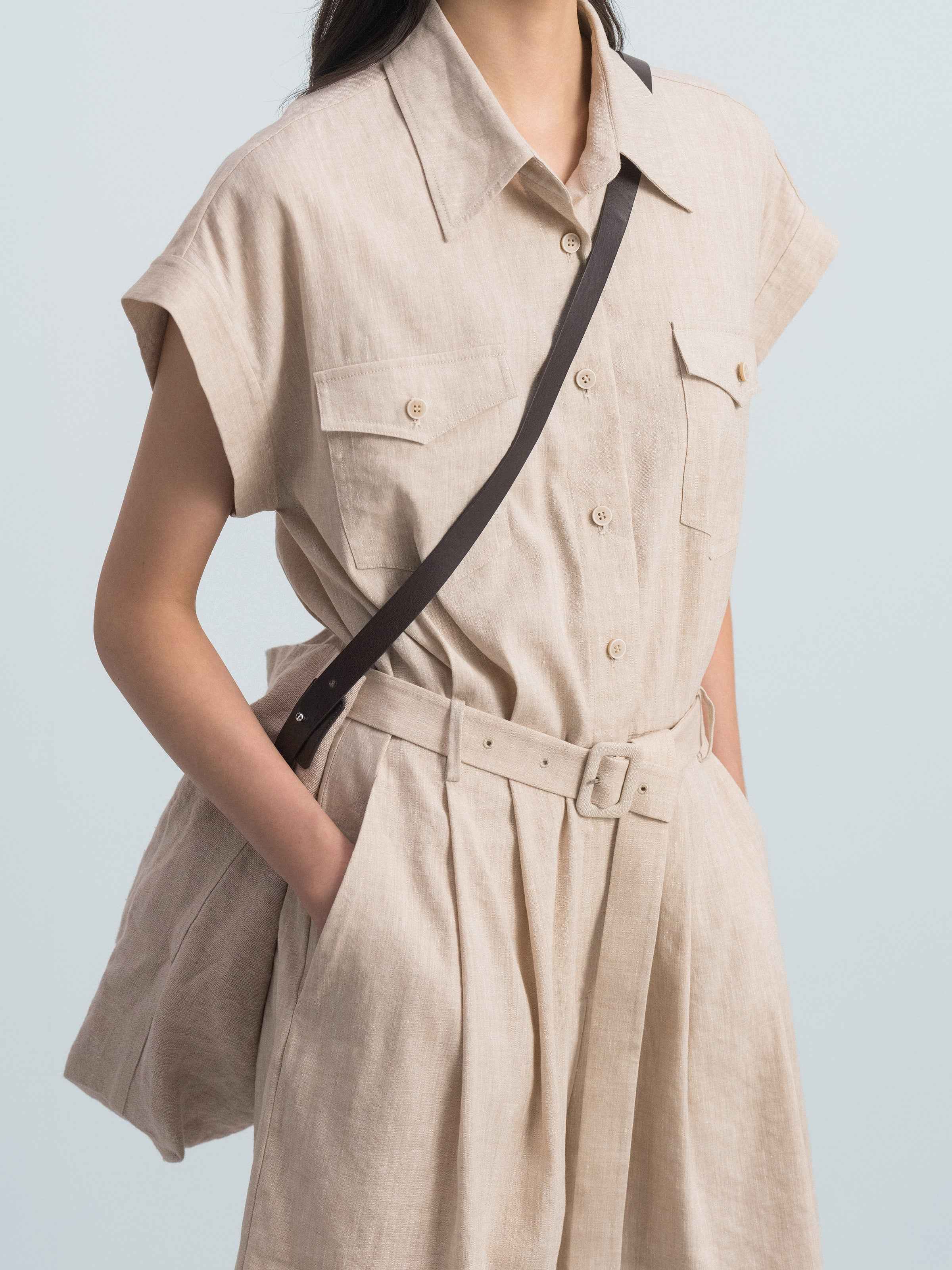Oatmeal Linen Blend Drop-Shoulder D-Ring Belt Romper