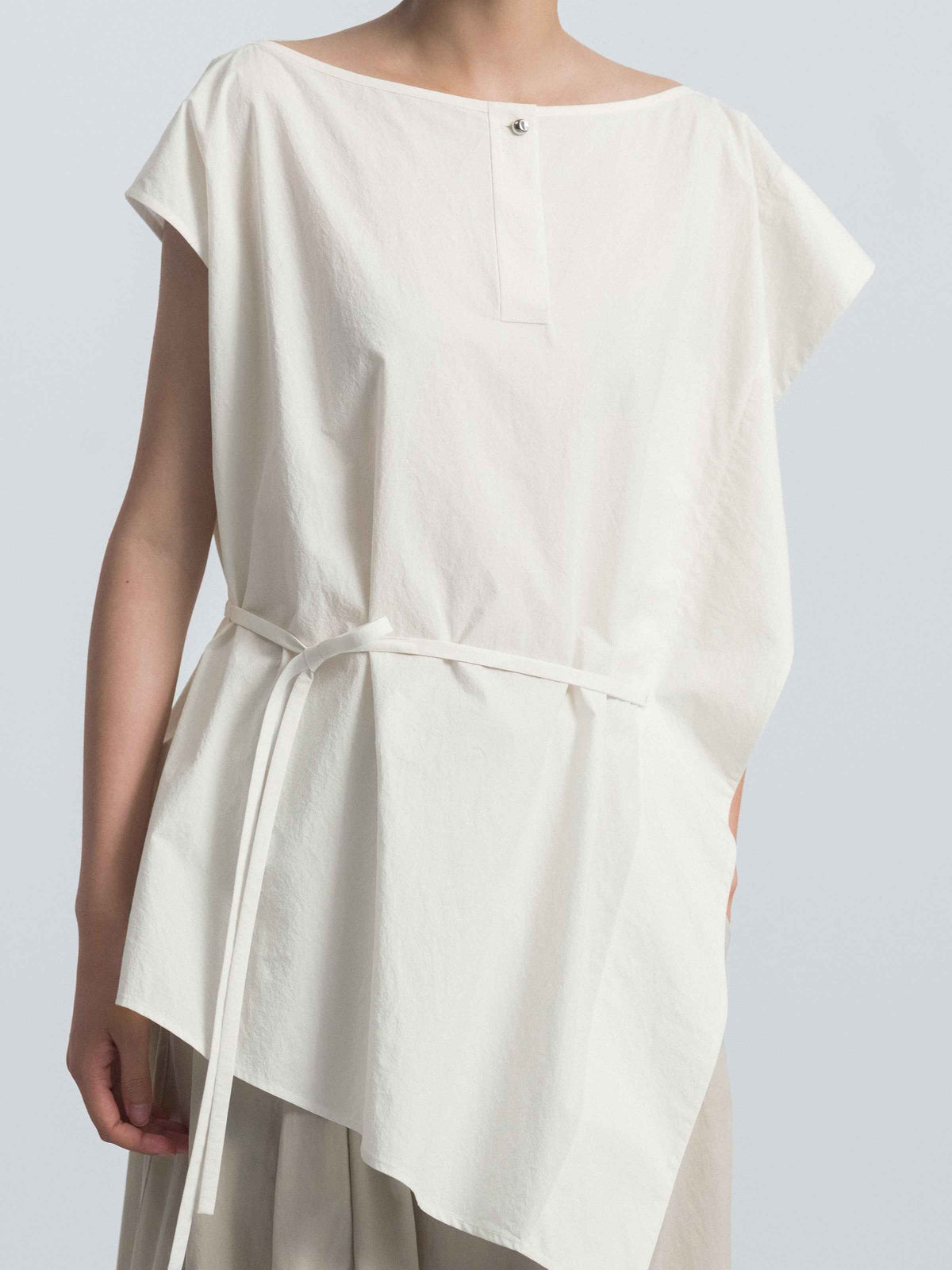 Cream White Pima Cotton Asymmetric Belt Waist Sleeveless Top