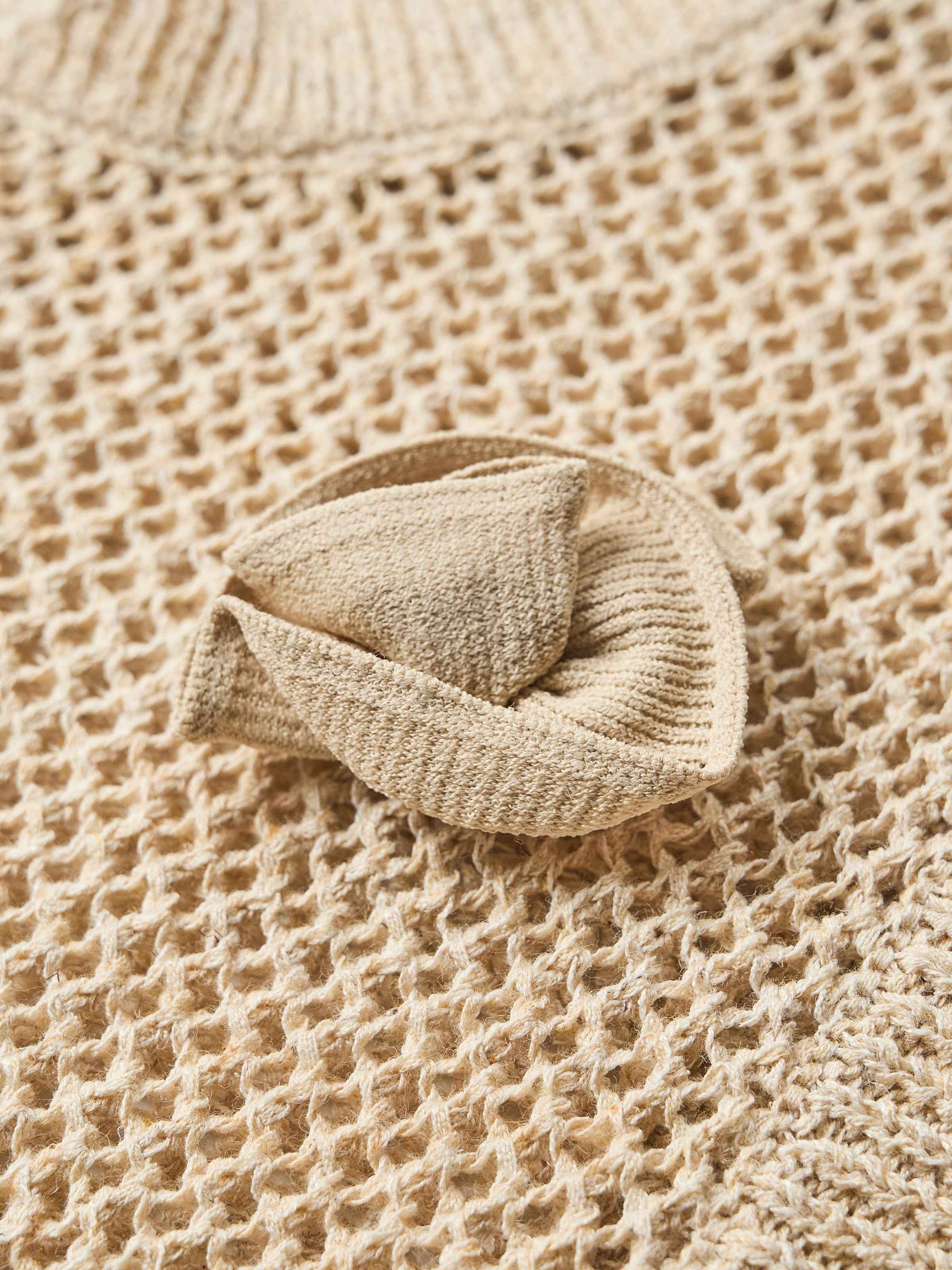 Beige Cotton Poly Linen Hollow Henley 3D Flower Knit Vest