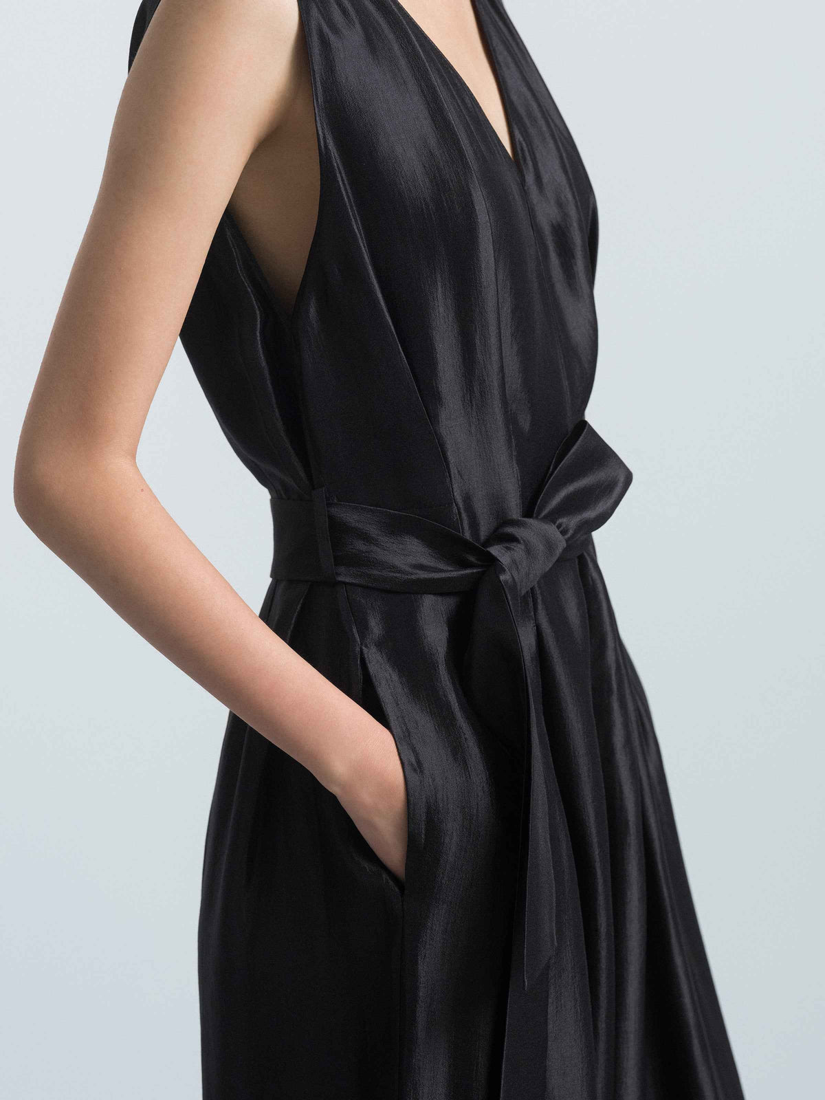 Black Shiny Silk Fitted Waist Wide Streamer Jumpsuit
