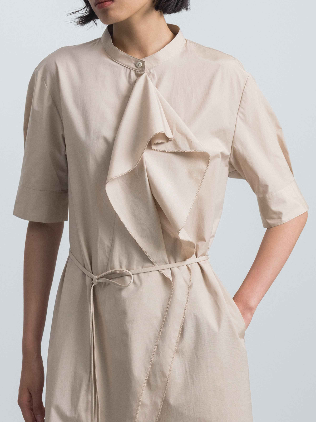 Light Khaki Cotton Poly A-Line Tie Neck Shirt Dress