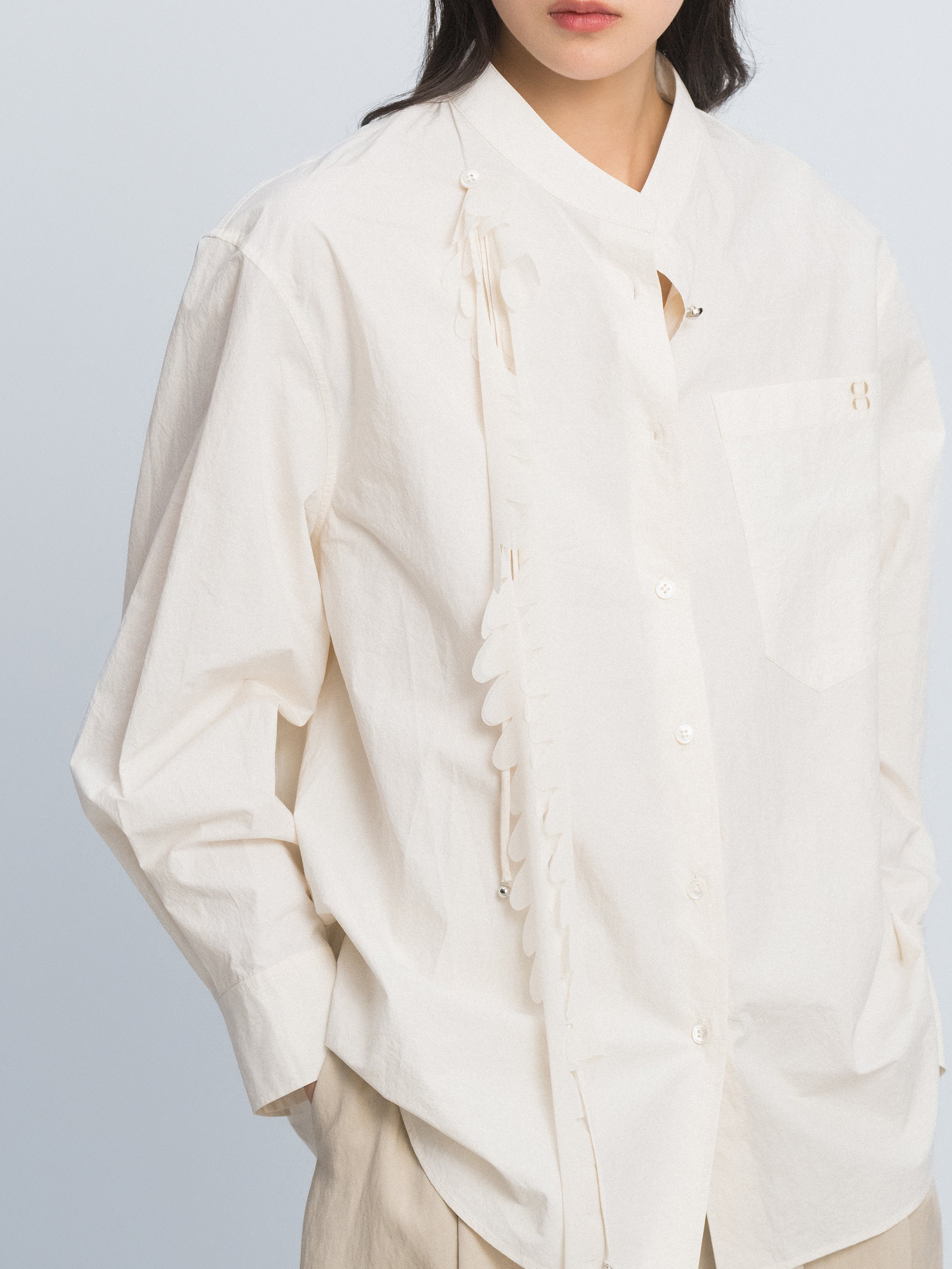 Cream White Washed Pima Cotton Stand Collar Detachable Shirt