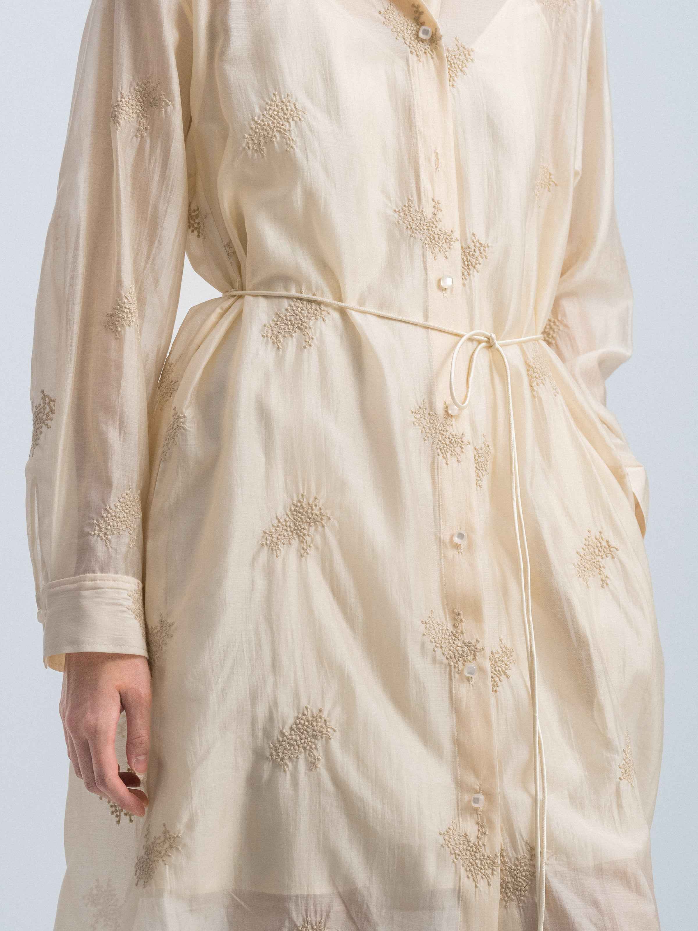 Beige Yellow Lyocell Blend Stand Collar Belt Waist Dress