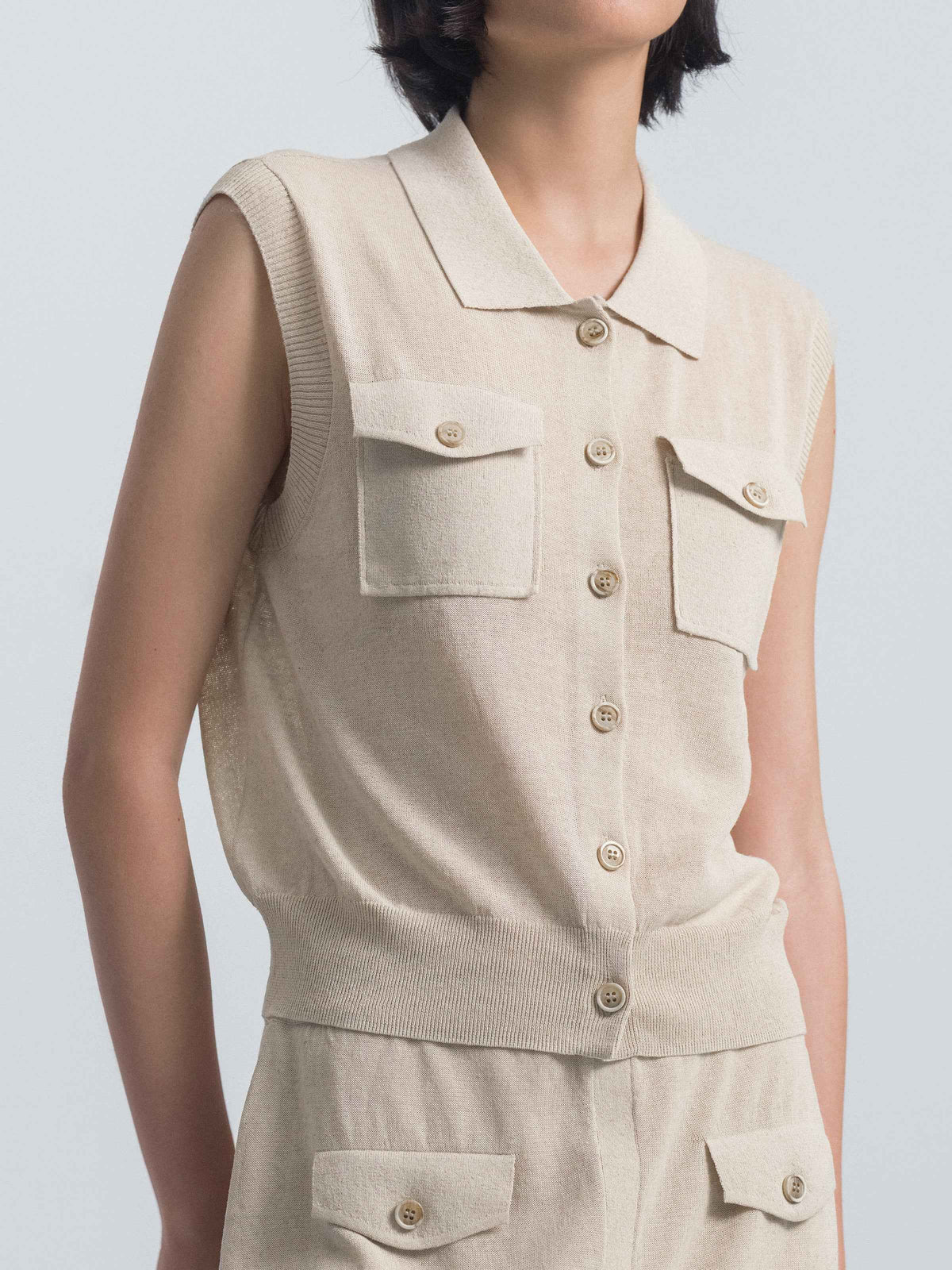 Beige Cotton Linen Knit Fitted Utility Pocket Cardigan