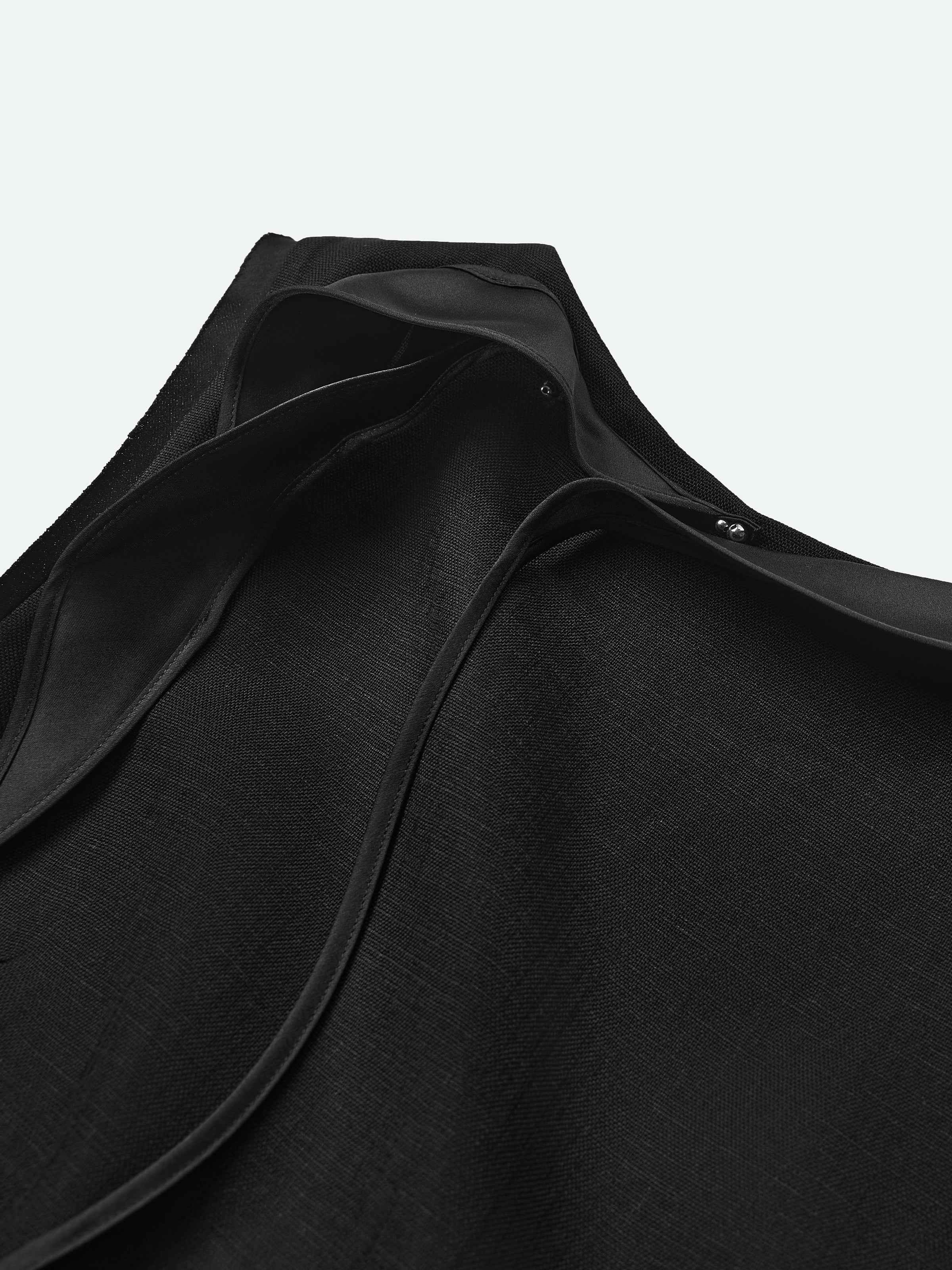 Black Diacetate Linen Weave Back V Knot Sleeveless Dress