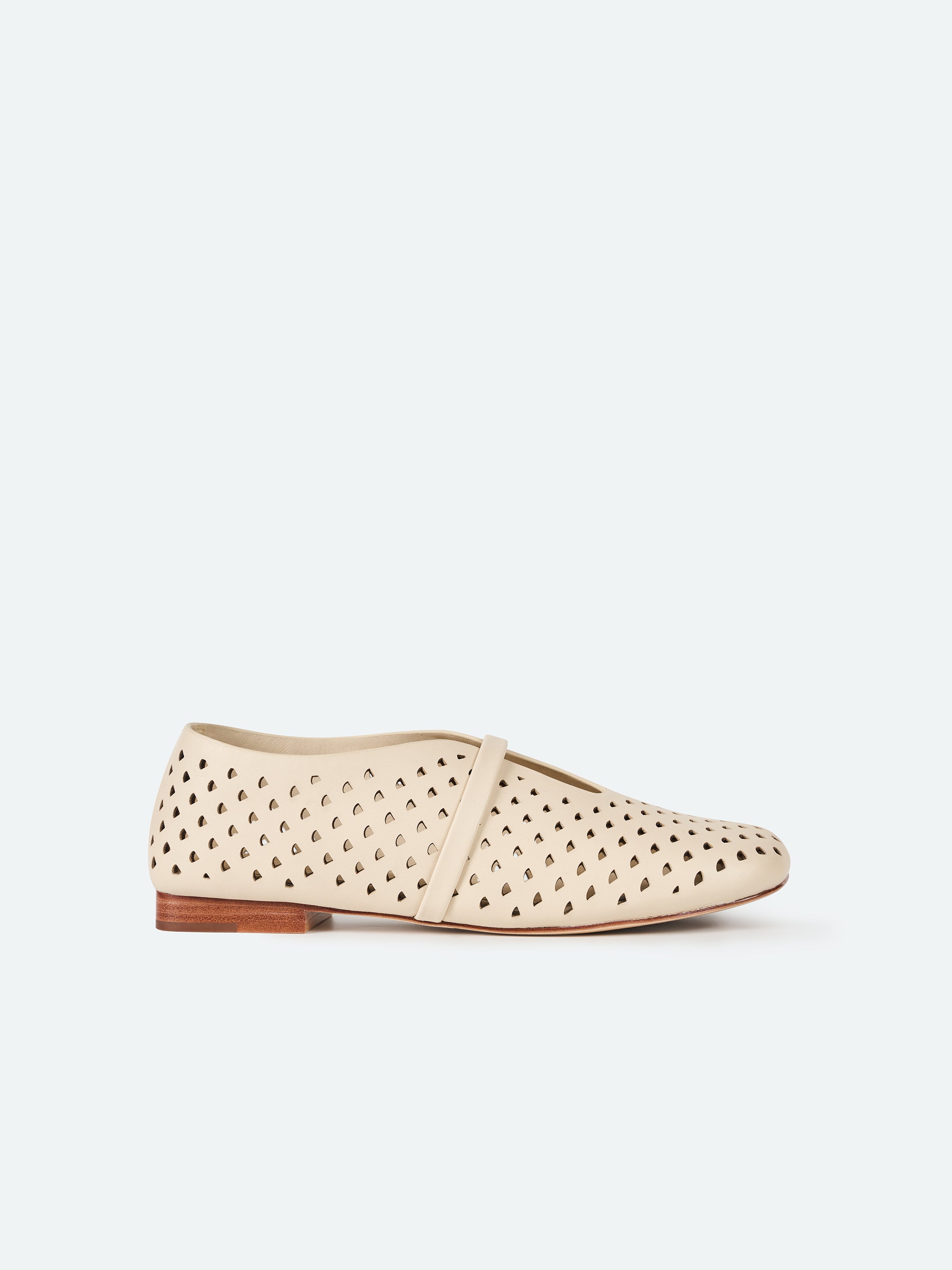 Cream White Cowhide Laser Perforation Square Toe Flat Shoes