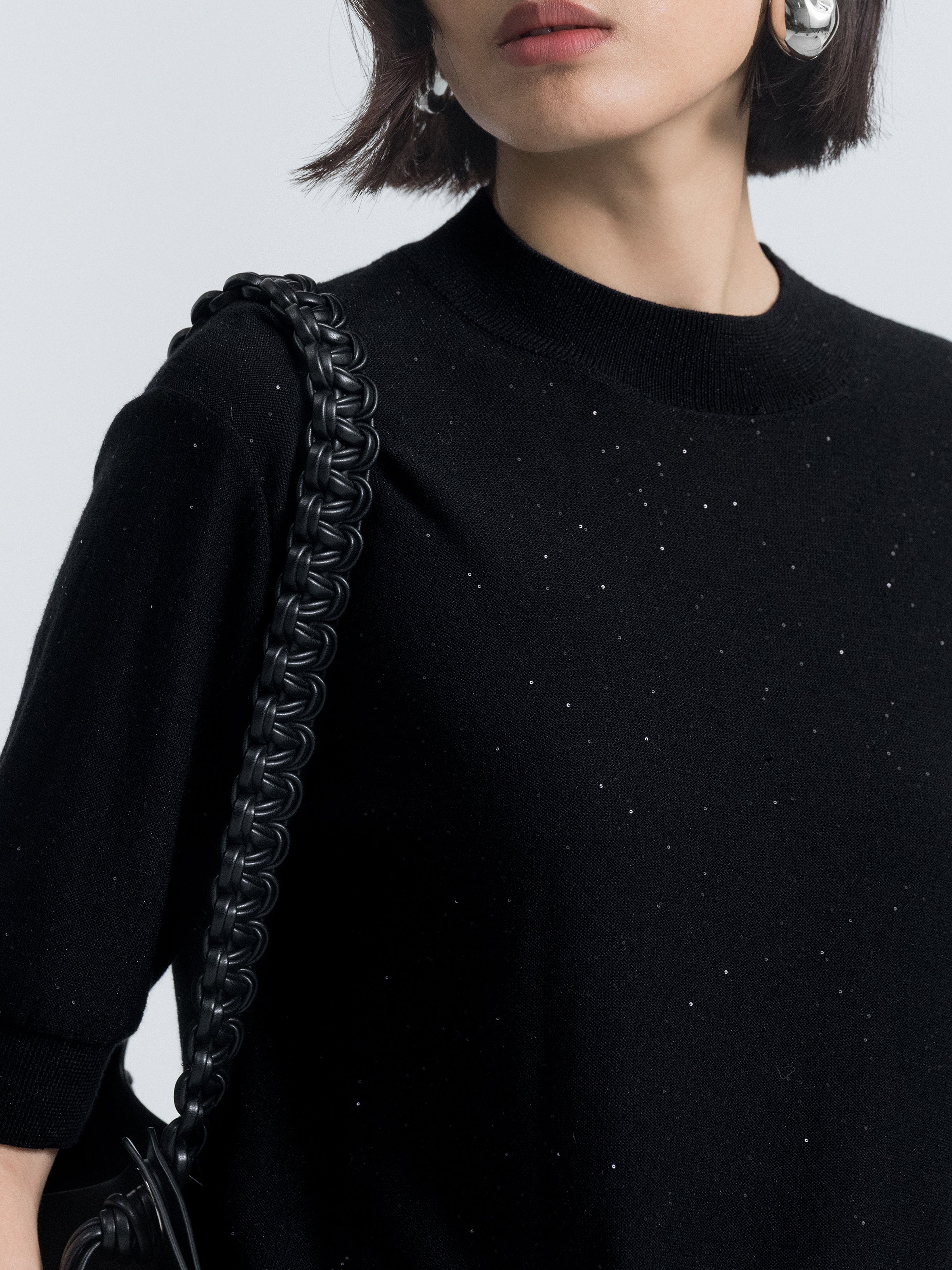 Elbow-Sleeve Knit Sweater with Sequin Fabric
